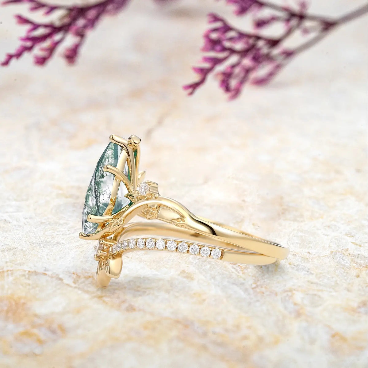 Moss Agate Bridal Sets – 2pcs Rose Gold Luxury Art Leaf Rings | Forest Vow in Bloom orleone yellow gold jewelry