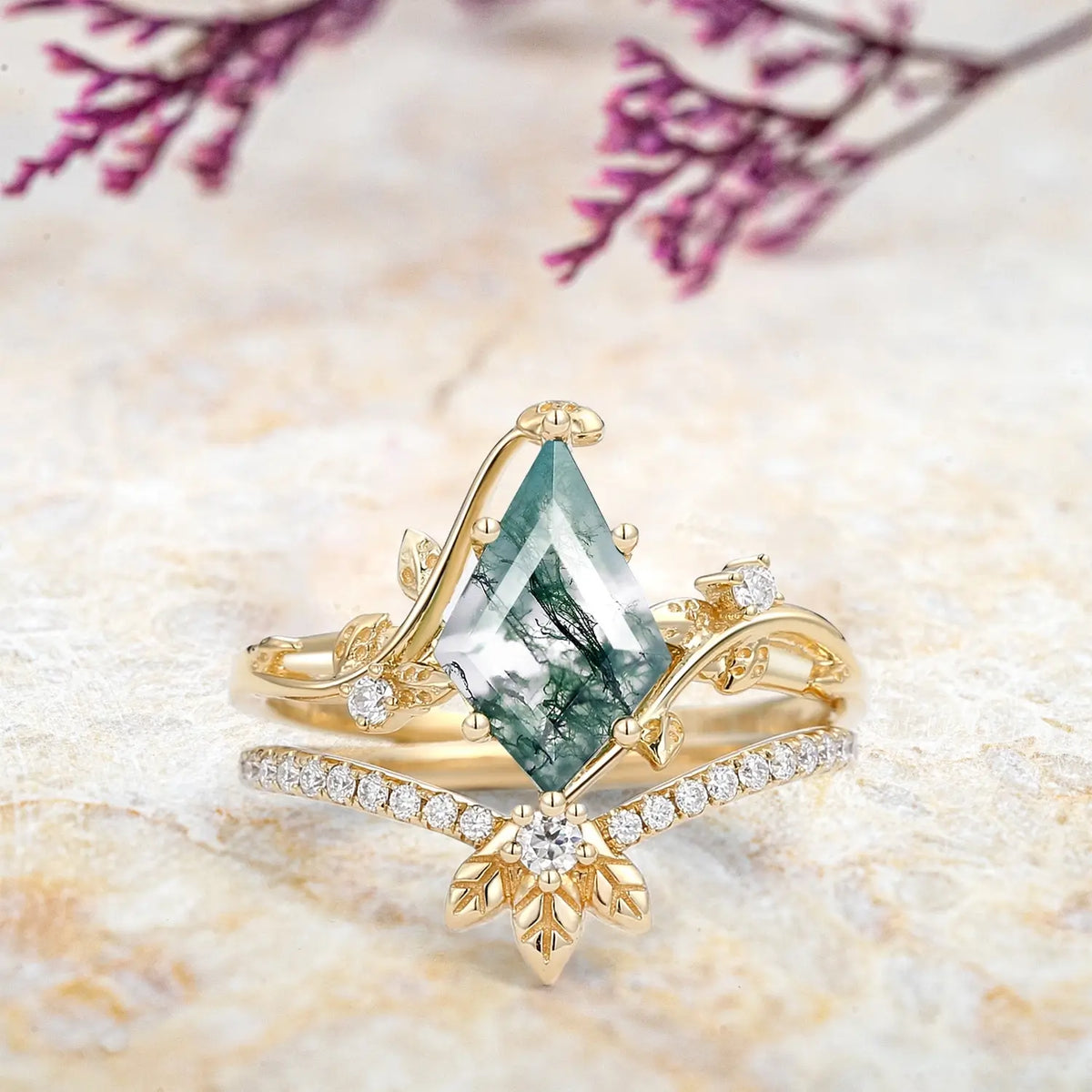 Moss Agate Bridal Sets – 2pcs Rose Gold Luxury Art Leaf Rings | Forest Vow in Bloom orleone yellow gold jewelry