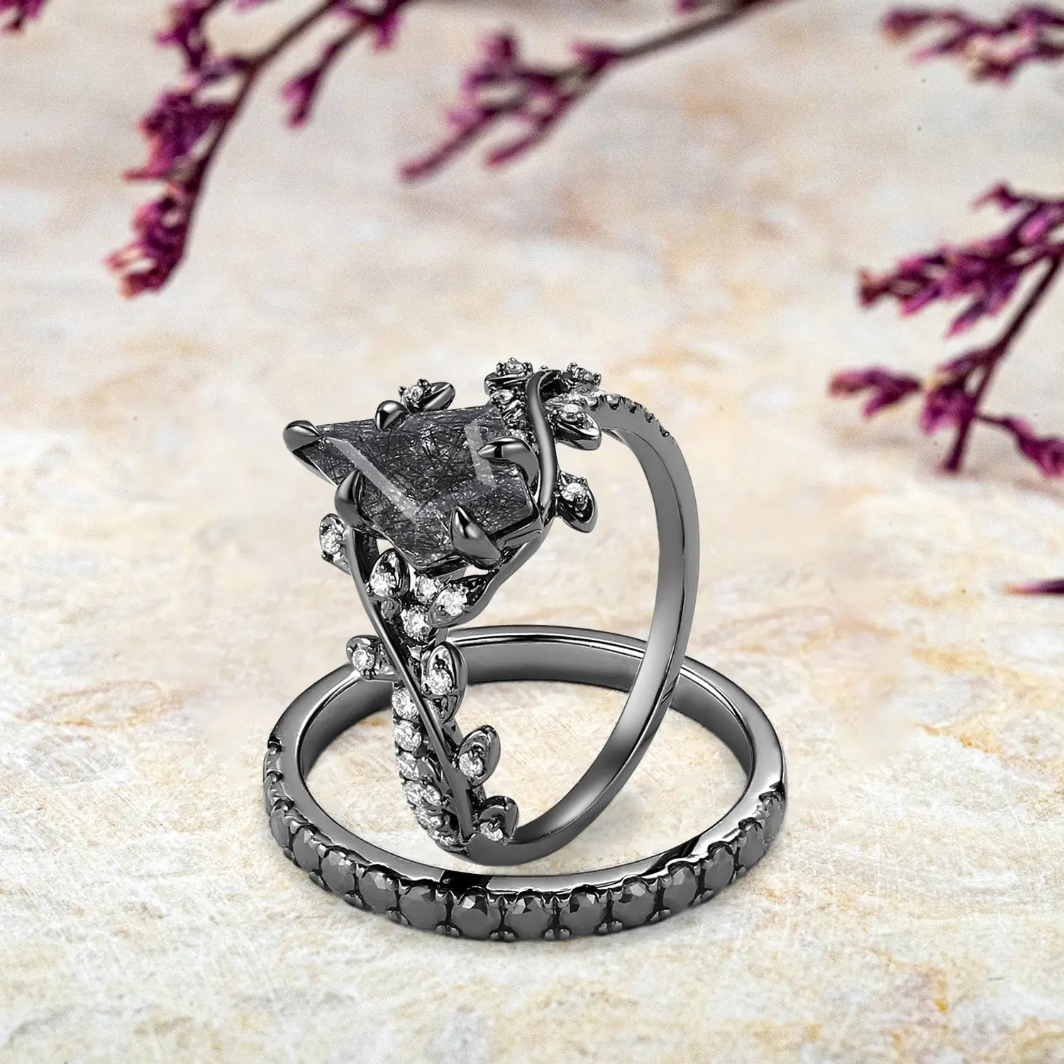Black Rutilated Quartz Couple Ring Set – 2pcs Black Gold Pave Leaf Rings