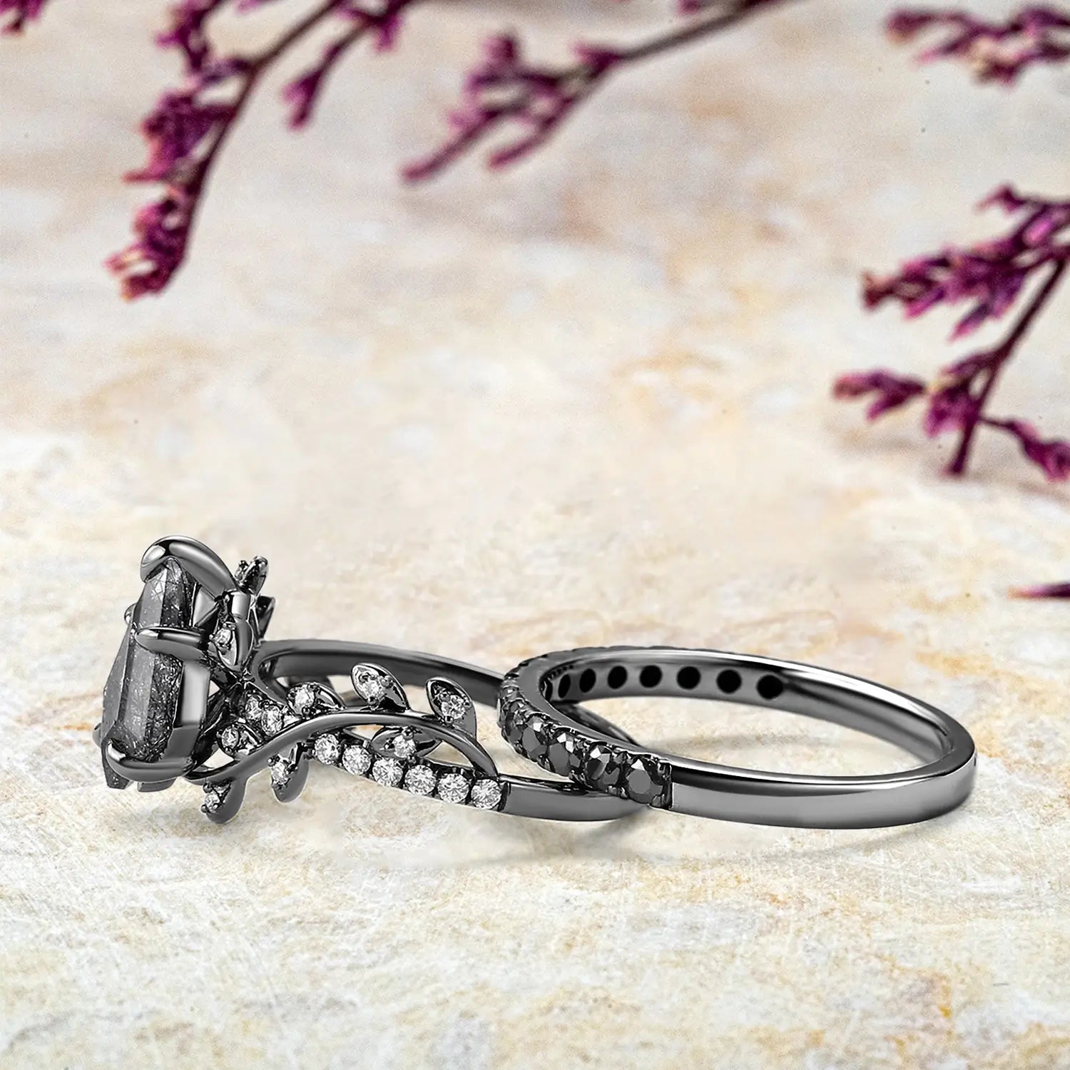 Black Rutilated Quartz Couple Ring Set – 2pcs Black Gold Pave Leaf Rings