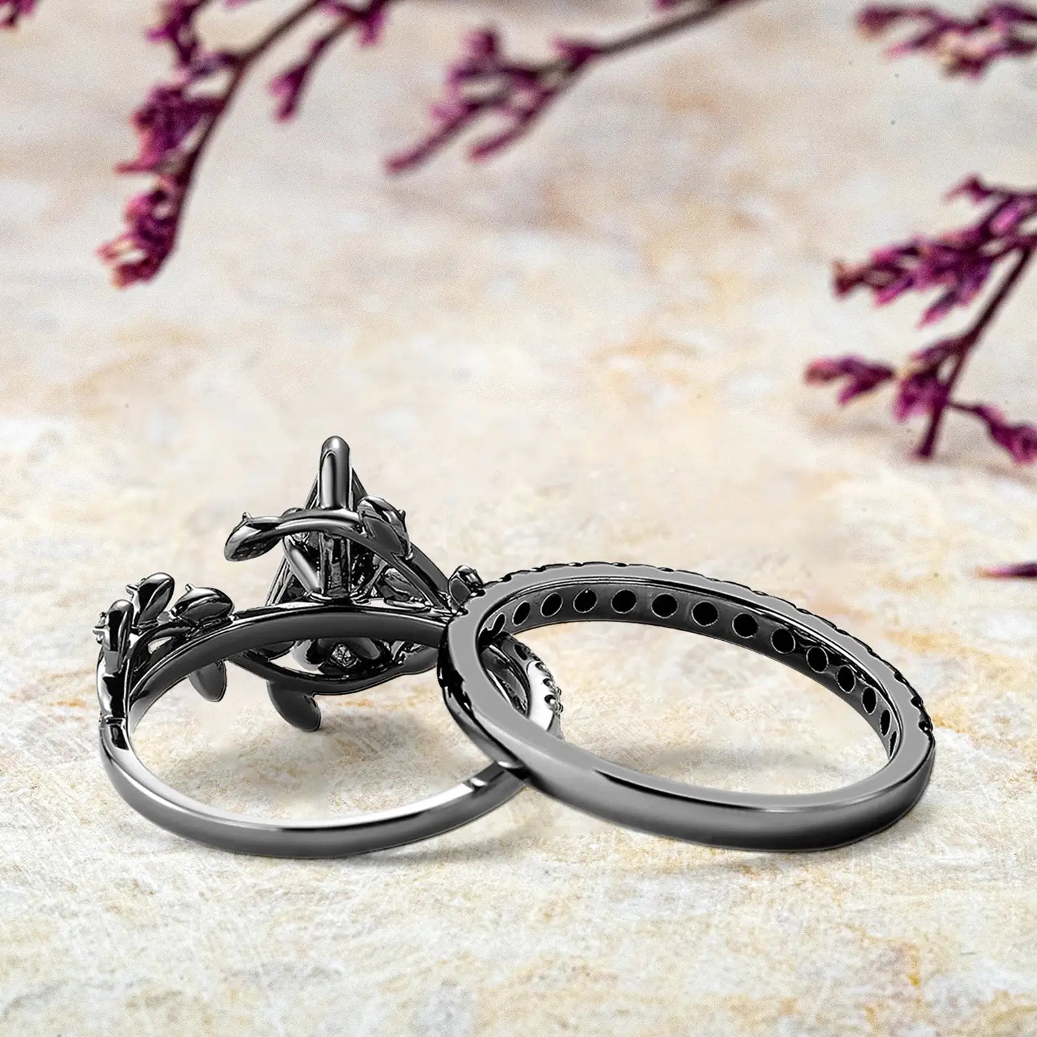 Black Rutilated Quartz Couple Ring Set – 2pcs Black Gold Pave Leaf Rings