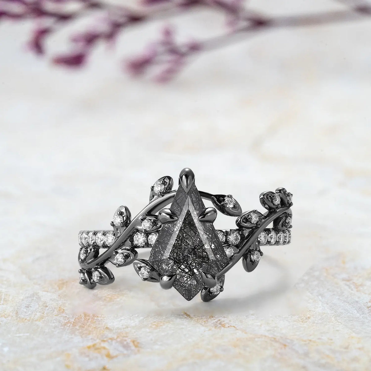 Kite Cut Black Rutilated Quartz Engagement Ring –Pave Leaf Rings Black Gold