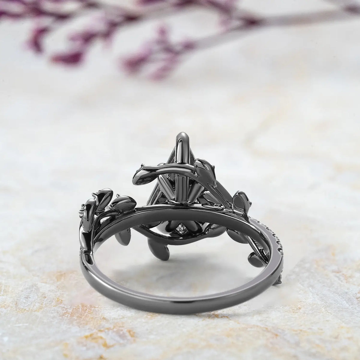 Kite Cut Black Rutilated Quartz Engagement Ring –Pave Leaf Rings Black Gold