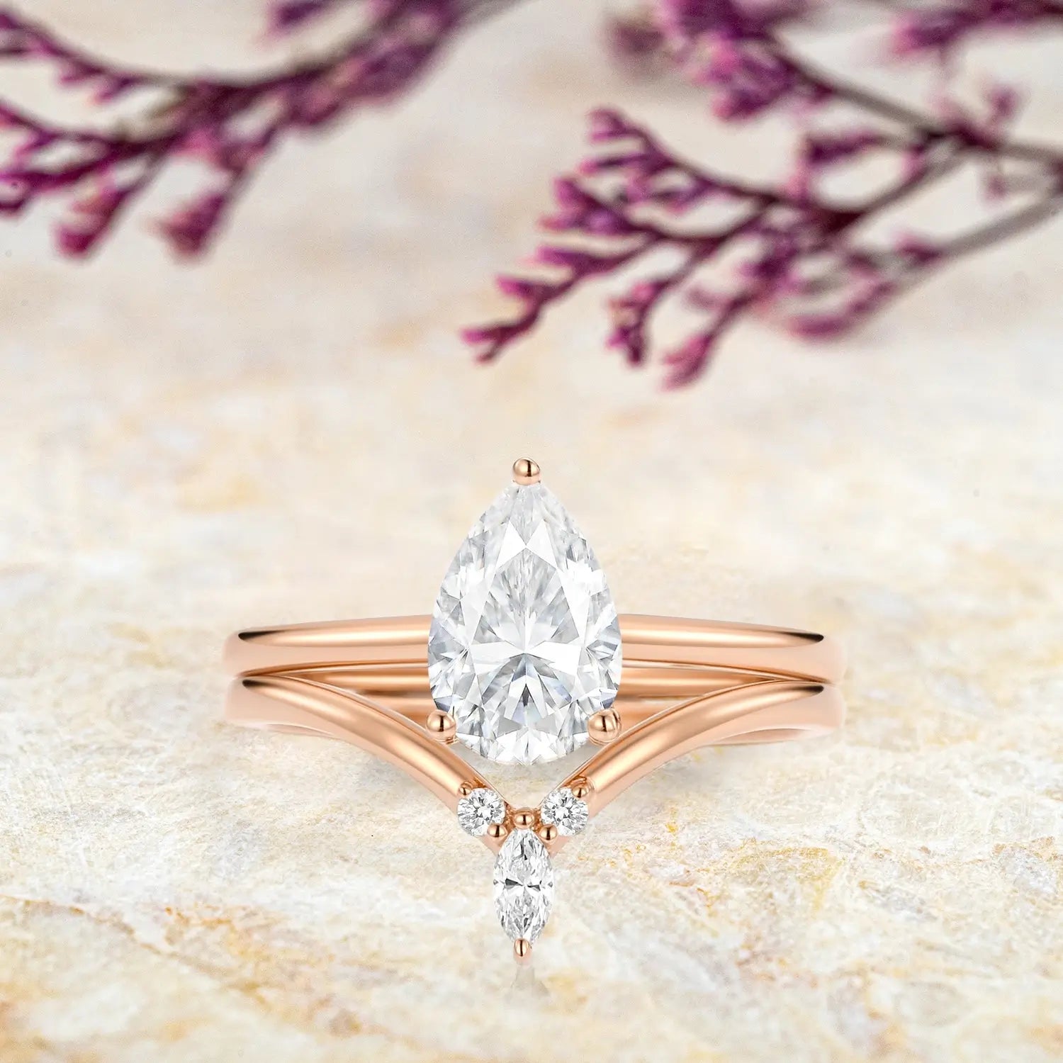 Minimalist Pear-Shaped Moissanite Engagement Ring Set – Bridal Stack jewelry anniversary gift