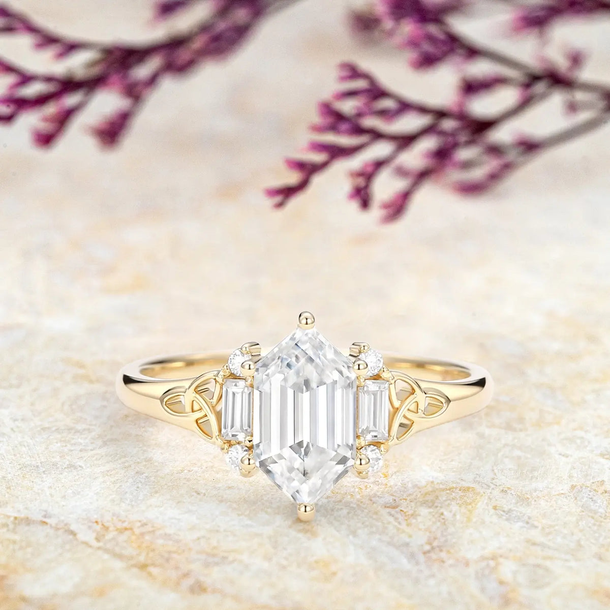 Hexagon Moissanite Floral Gold Engagement Ring | Handmade Jewelry orleone