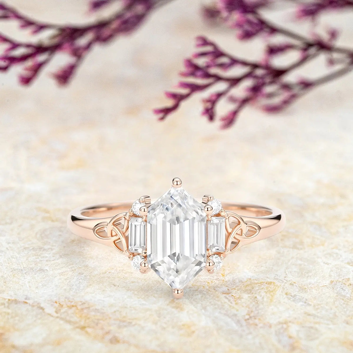 Hexagon Moissanite Floral rose Gold Engagement Ring | Handmade Jewelry orleone