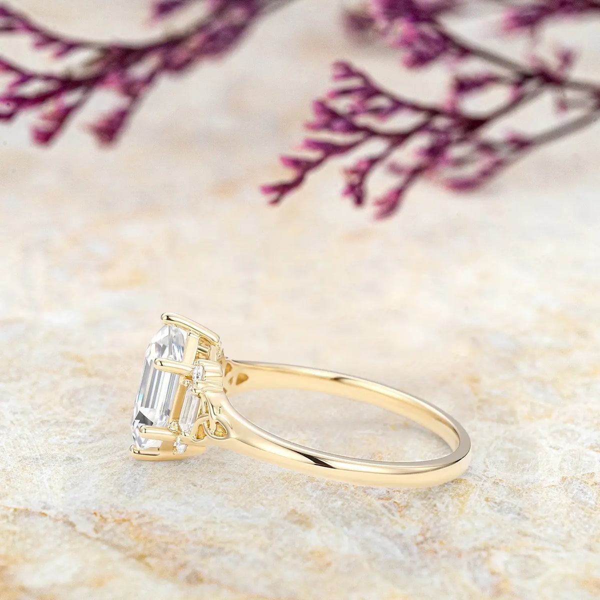 Hexagon Moissanite Floral Gold Engagement Ring | Handmade Jewelry orleone
