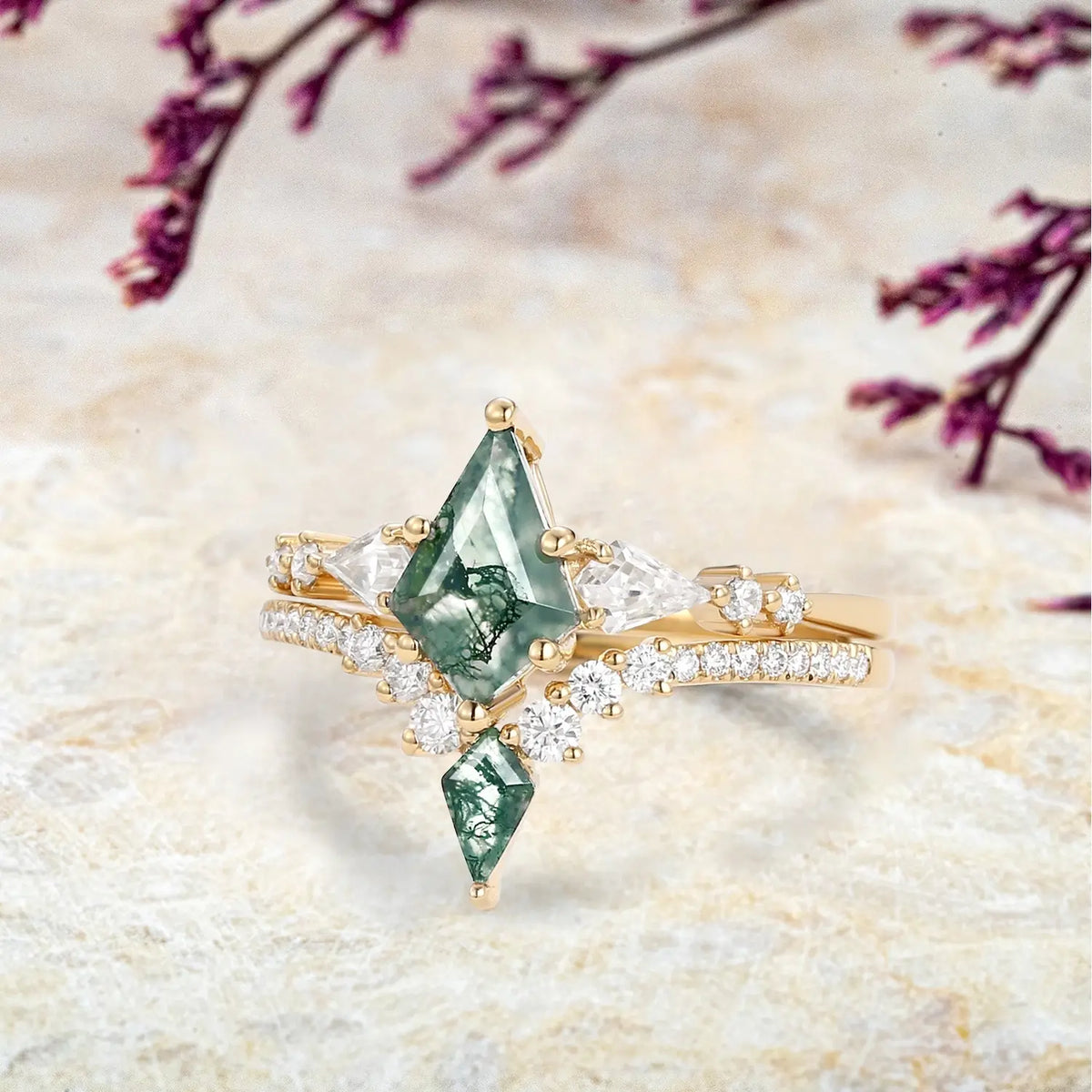 Kite Cut Moss Agate yellow Gold Engagement Ring Set custom anniversary rings for women promise gift