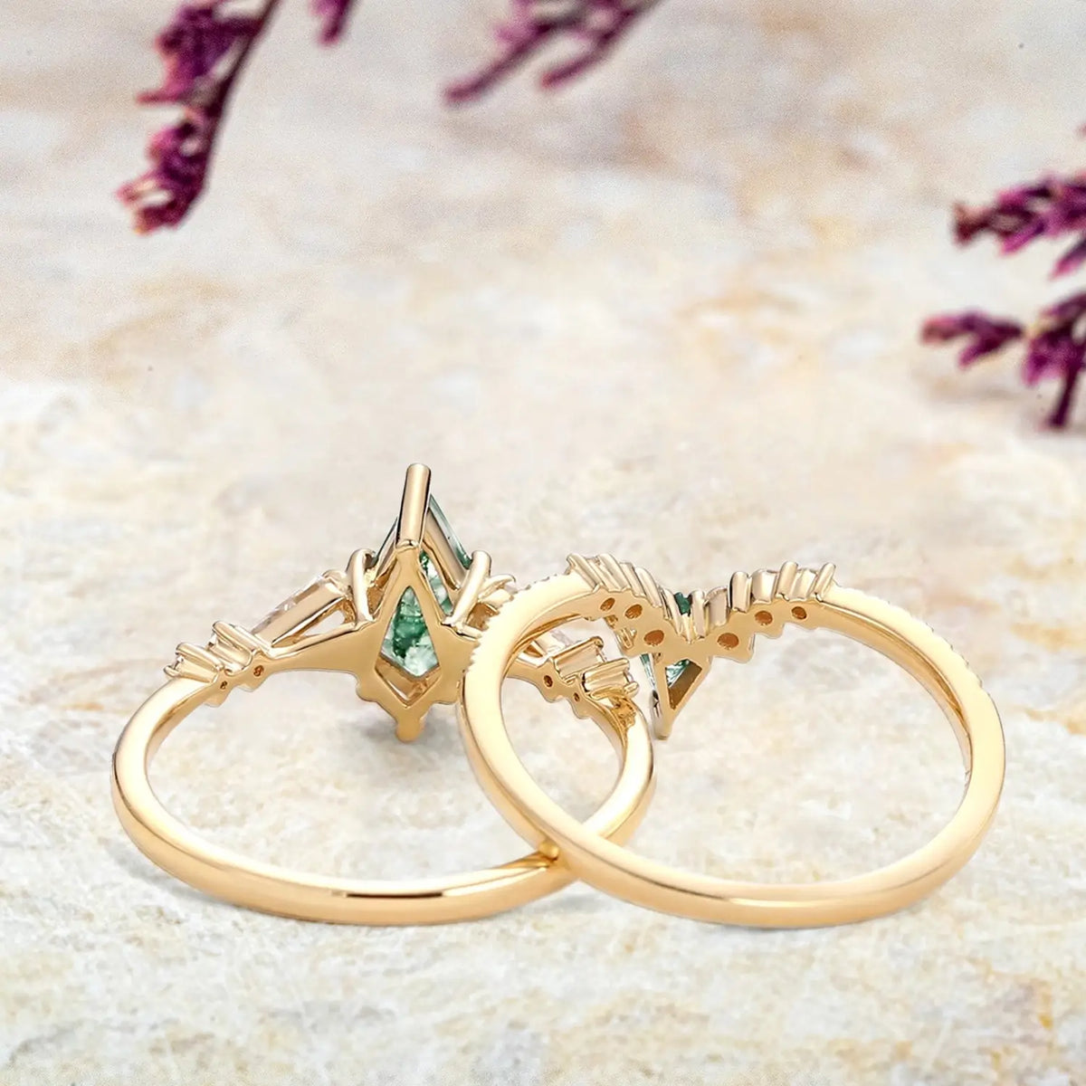 Kite Cut Moss Agate yellow Gold Engagement Ring Set custom anniversary rings for women promise gift