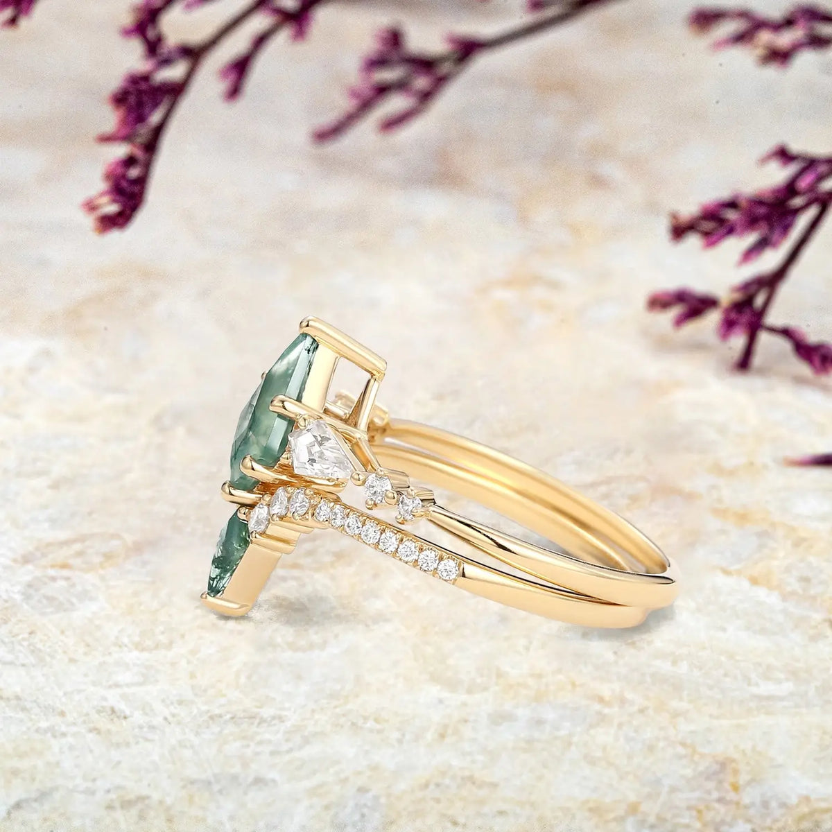 Kite Cut Moss Agate yellow Gold Engagement Ring Set custom anniversary rings for women promise gift