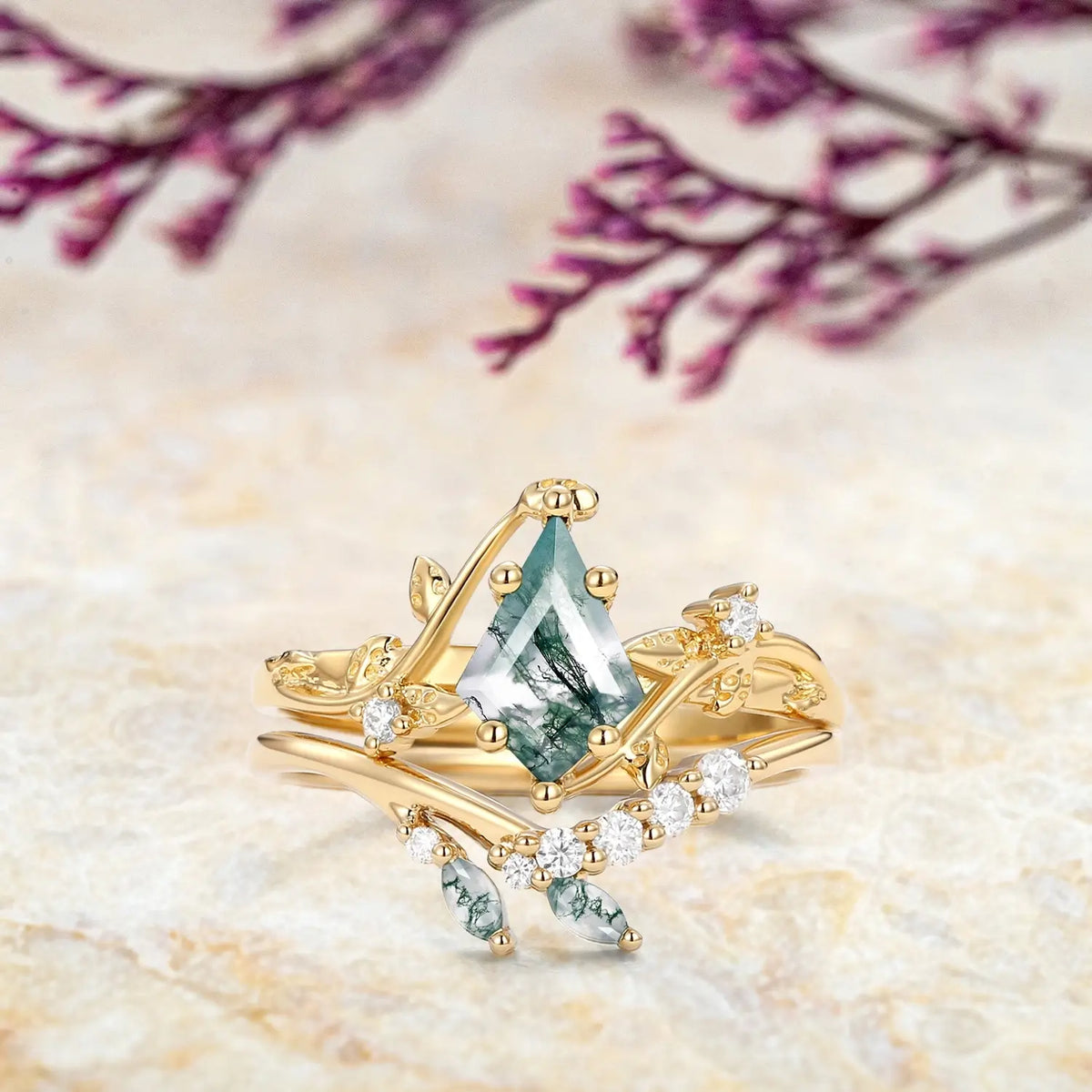 Verdant Leaf Ring - Kite Moss Agate Vine Engagement Ring Set in Gold orleone custom anniversary gift