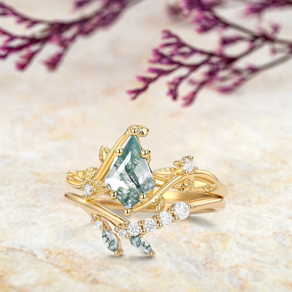 Verdant Leaf Ring - Kite Moss Agate Vine Engagement Ring Set in Gold orleone custom anniversary gift