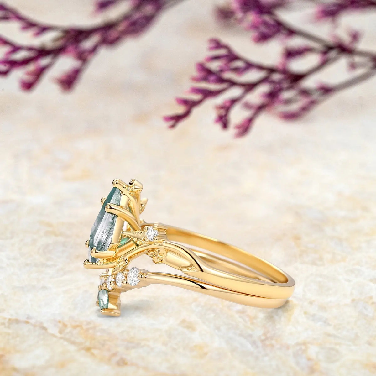 Verdant Leaf Ring - Kite Moss Agate Vine Engagement Ring Set in Gold orleone custom anniversary gift