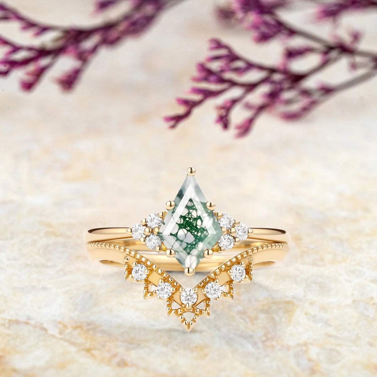 Vintage Cluster Moss Agate Engagement Ring Set orleone custom yellow gold ring for women promise gift