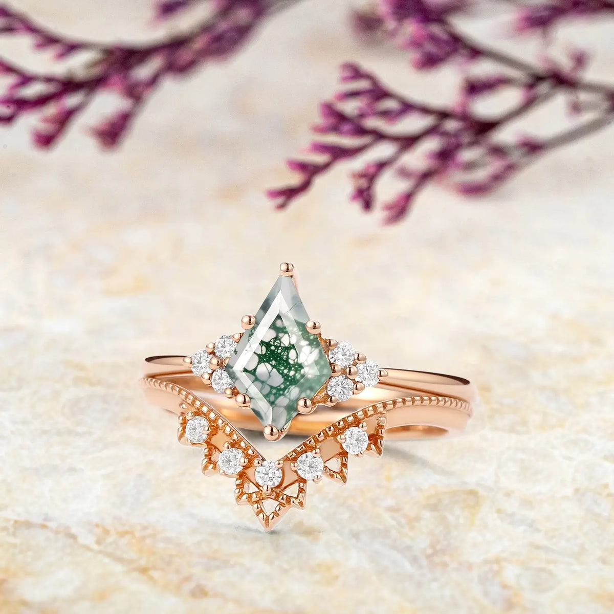 Vintage Cluster Moss Agate Engagement Ring Set orleone custom rose gold ring for women promise gift