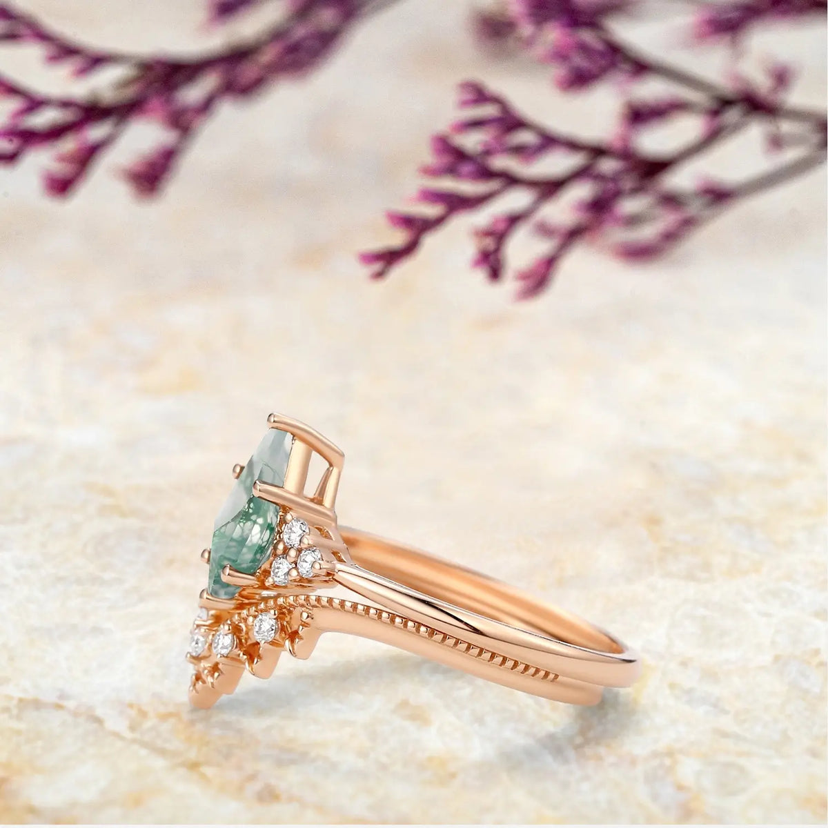 Vintage Cluster Moss Agate Engagement Ring Set orleone custom rose gold ring for women promise gift