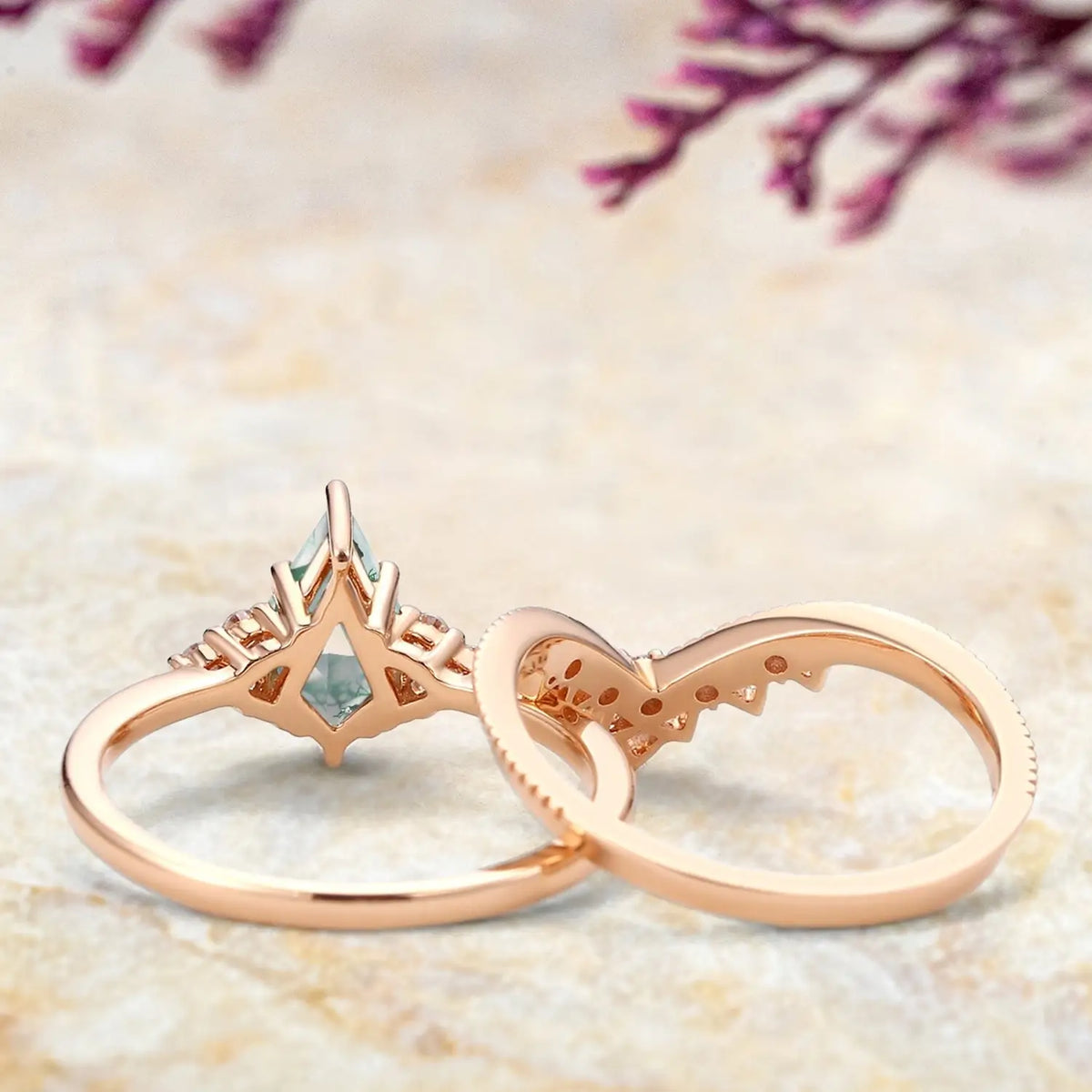 Vintage Cluster Moss Agate Engagement Ring Set orleone custom gold ring for women promise gift