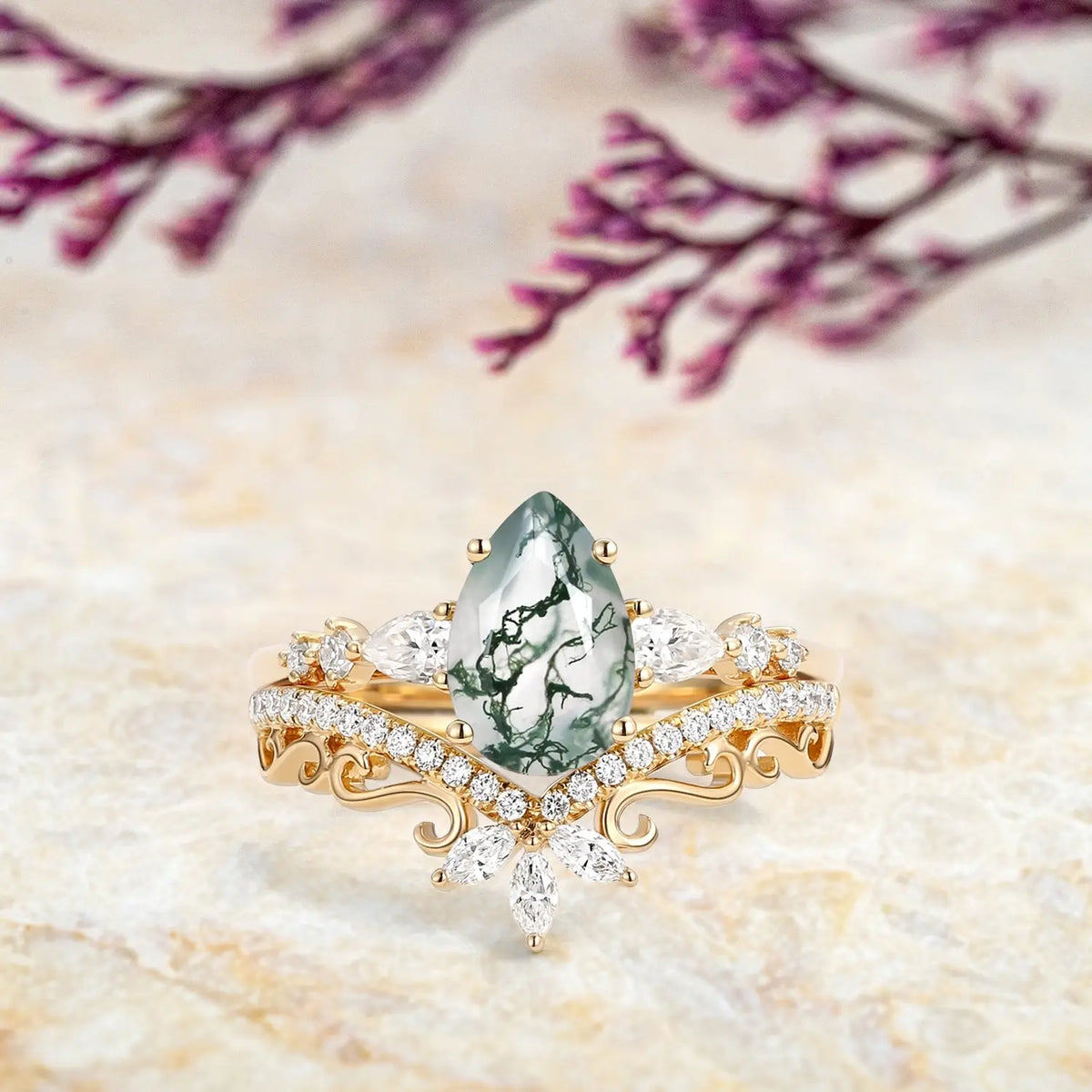 Signature Vintage Pear Moss Agate Ring Set orleone jewelry