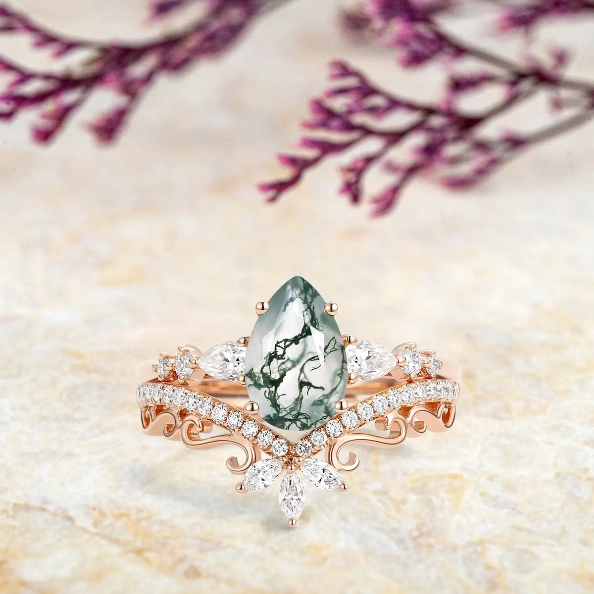 Signature Vintage Pear Moss Agate Ring Set orleone jewelry