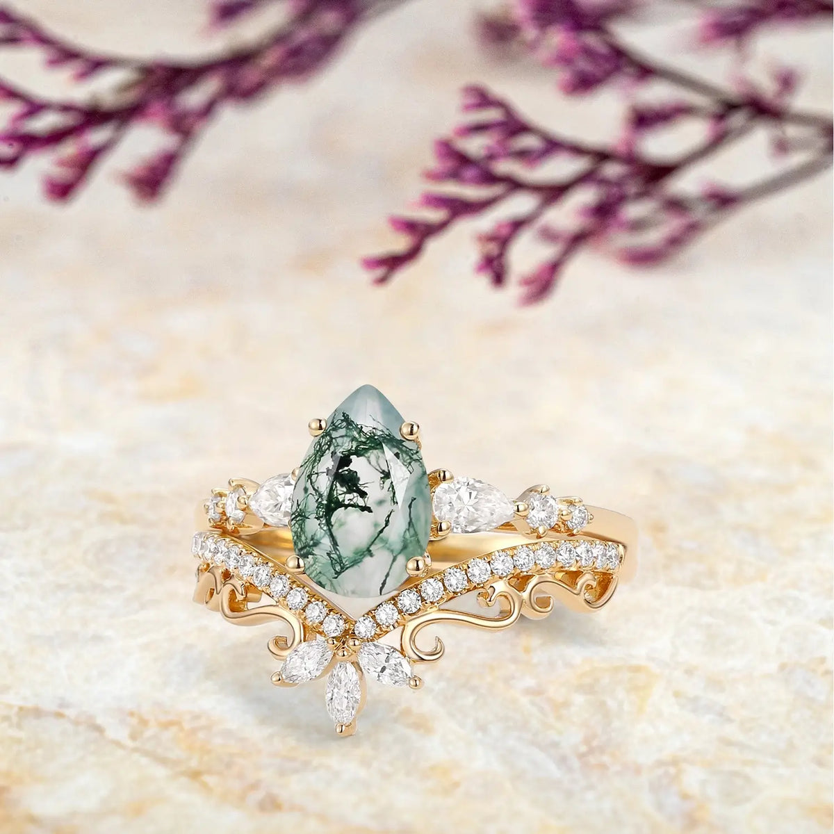 Signature Vintage Pear Moss Agate Ring Set orleone jewelry