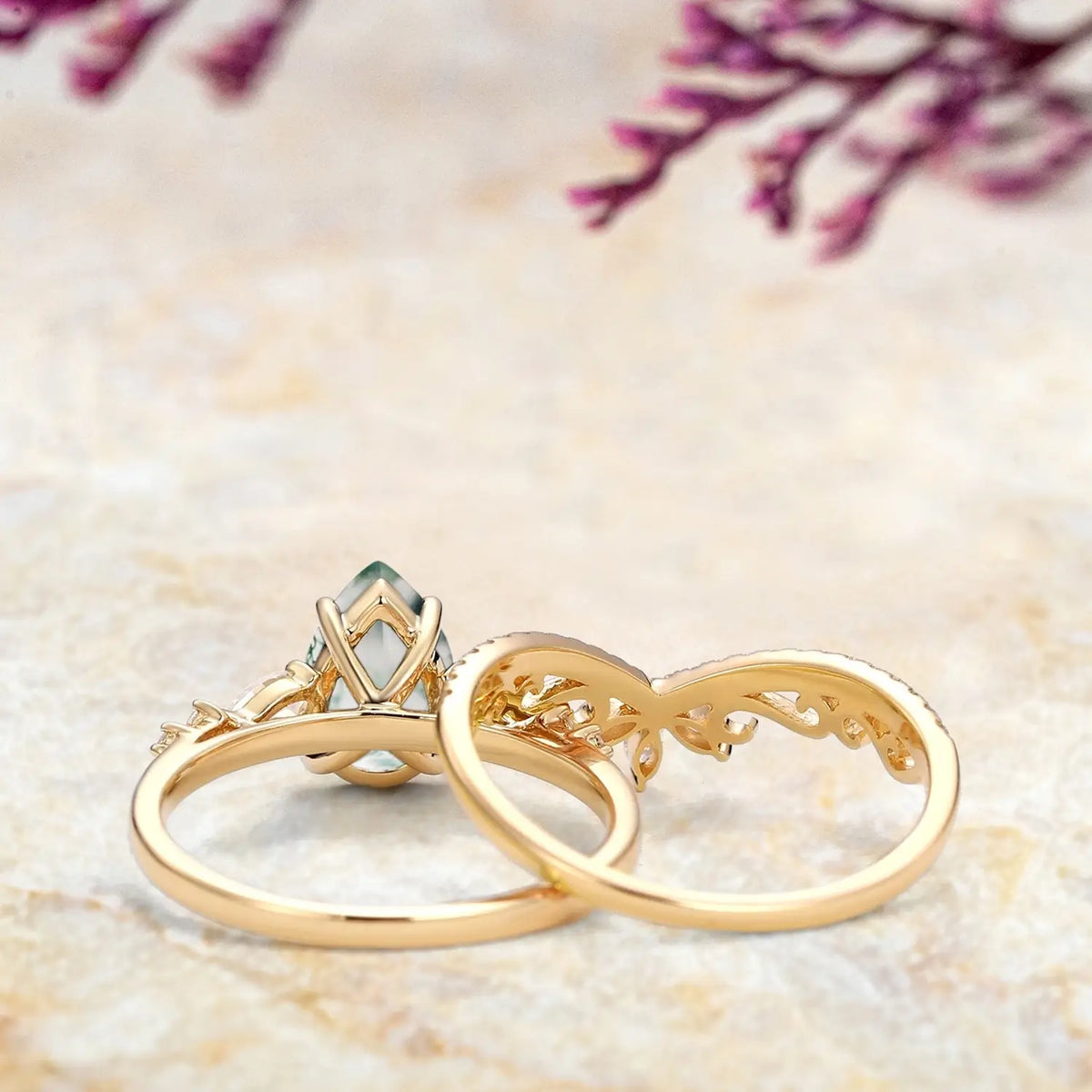 Signature Vintage Pear Moss Agate Ring Set orleone jewelry
