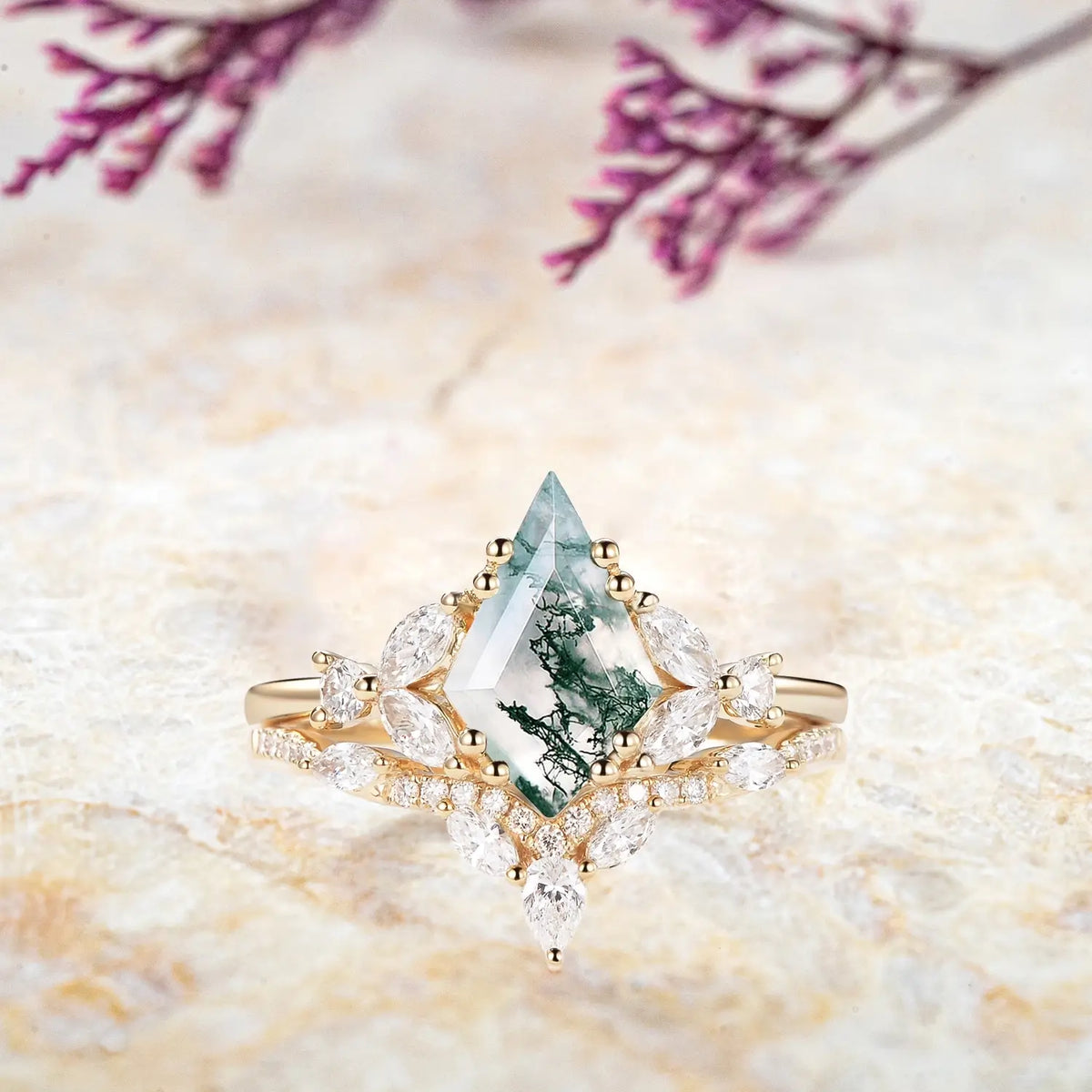 Sylvan Crown Moss Agate Cluster Ring Set – Unique Artistic Engagement Rings rose gold wedding ring