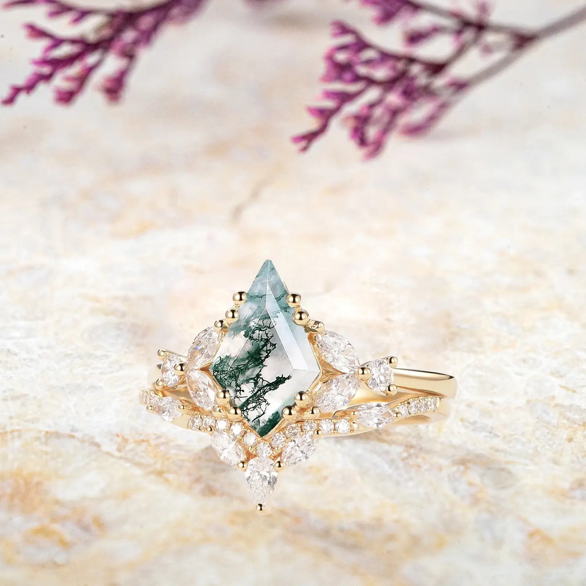 Sylvan Crown Moss Agate Cluster Ring Set – Unique Artistic Engagement Rings rose gold wedding ring