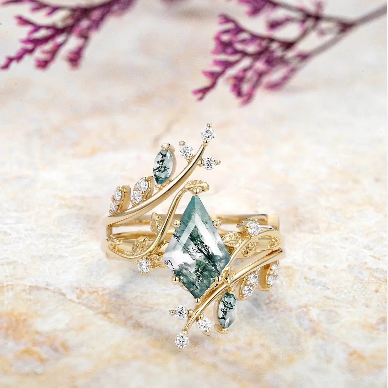 Forest Cage Moss Agate Leafy Ring Set – Unique Luxury Art Engagement Rings