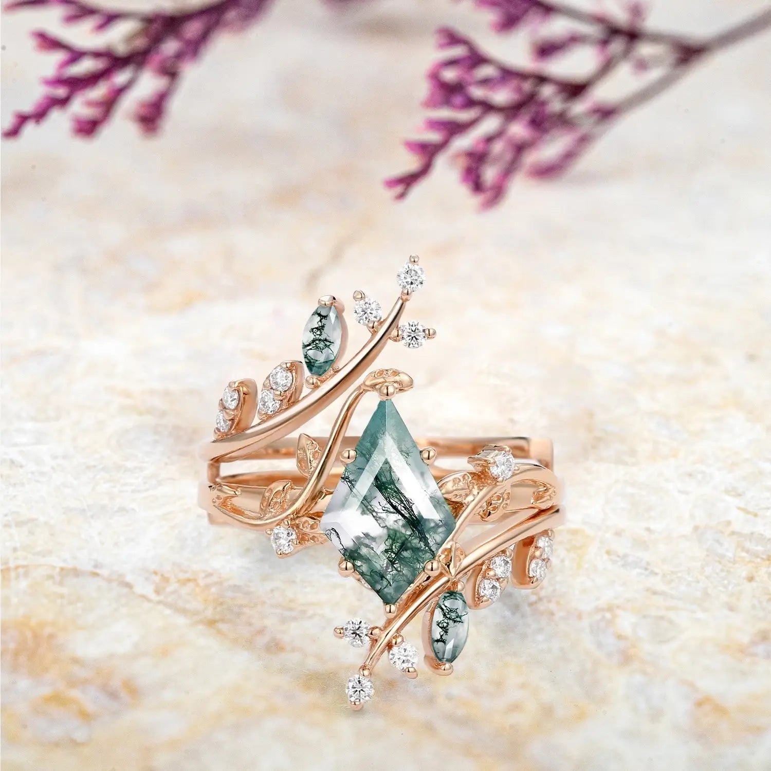 Forest Cage Moss Agate Leafy Ring Set – Unique Luxury Art Engagement Rings rose gold rings