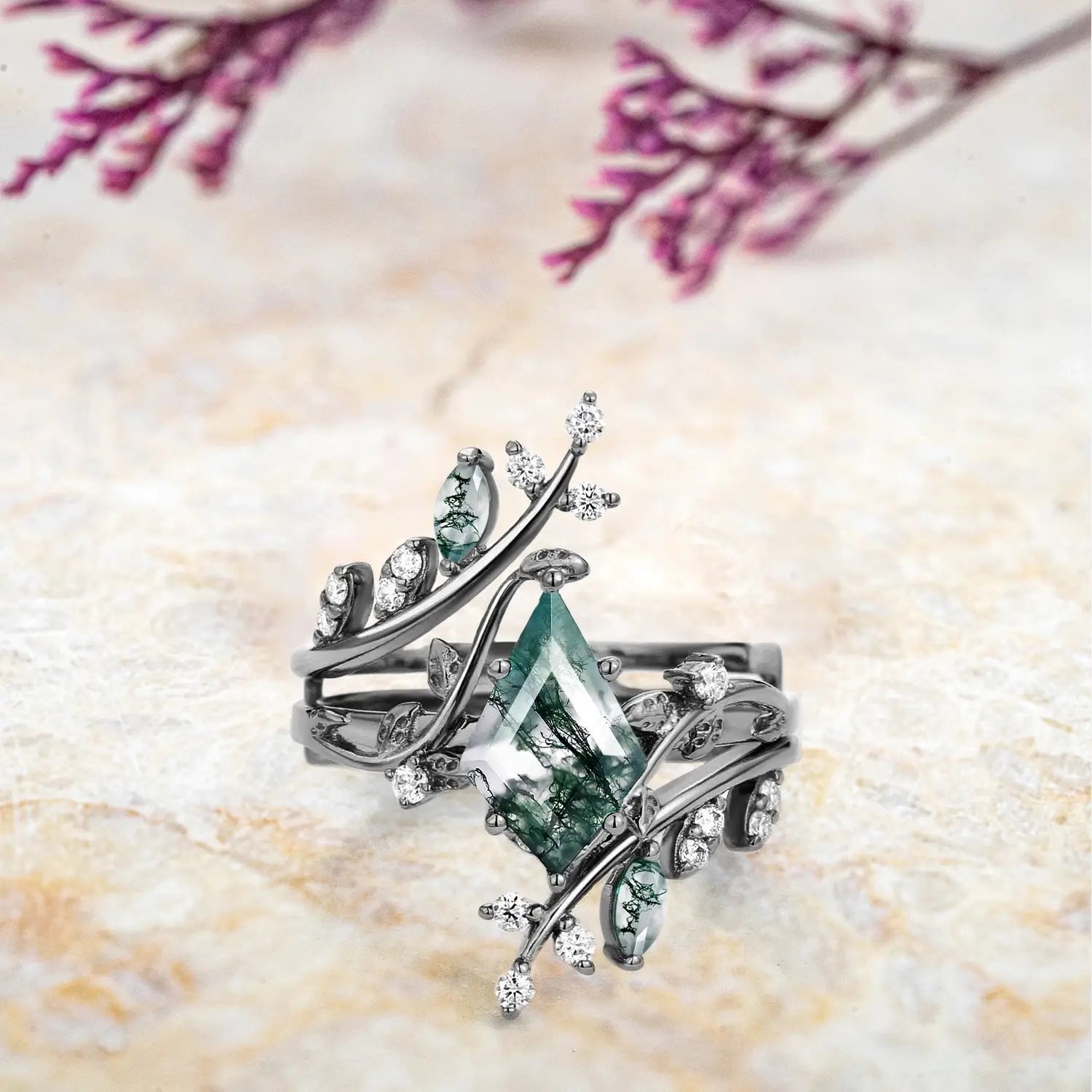 Forest Cage Moss Agate Leafy Ring Set – Unique Luxury Art Engagement Rings black gold