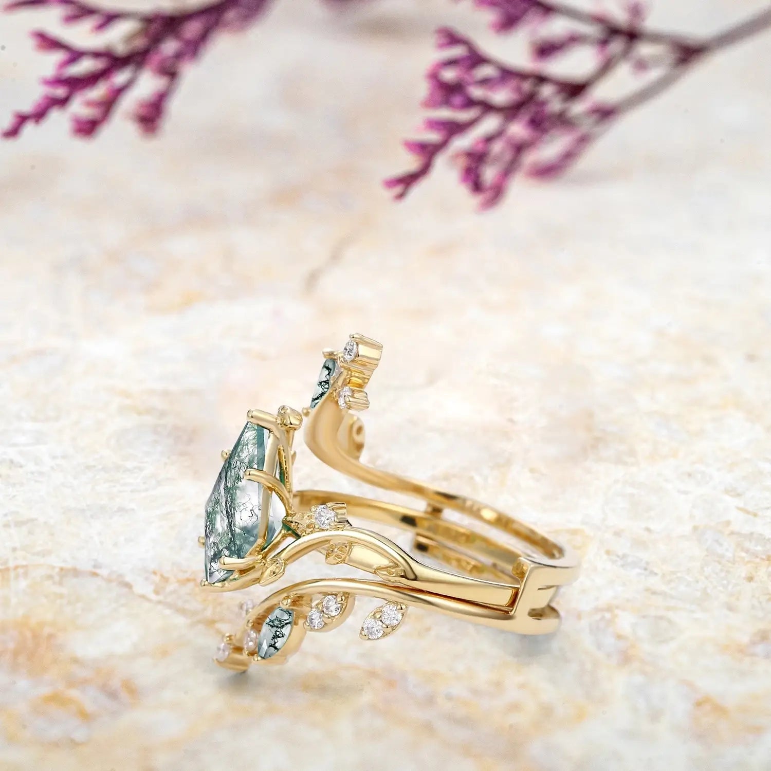 Forest Cage Moss Agate Leafy Ring Set – Unique Luxury Art Engagement Rings