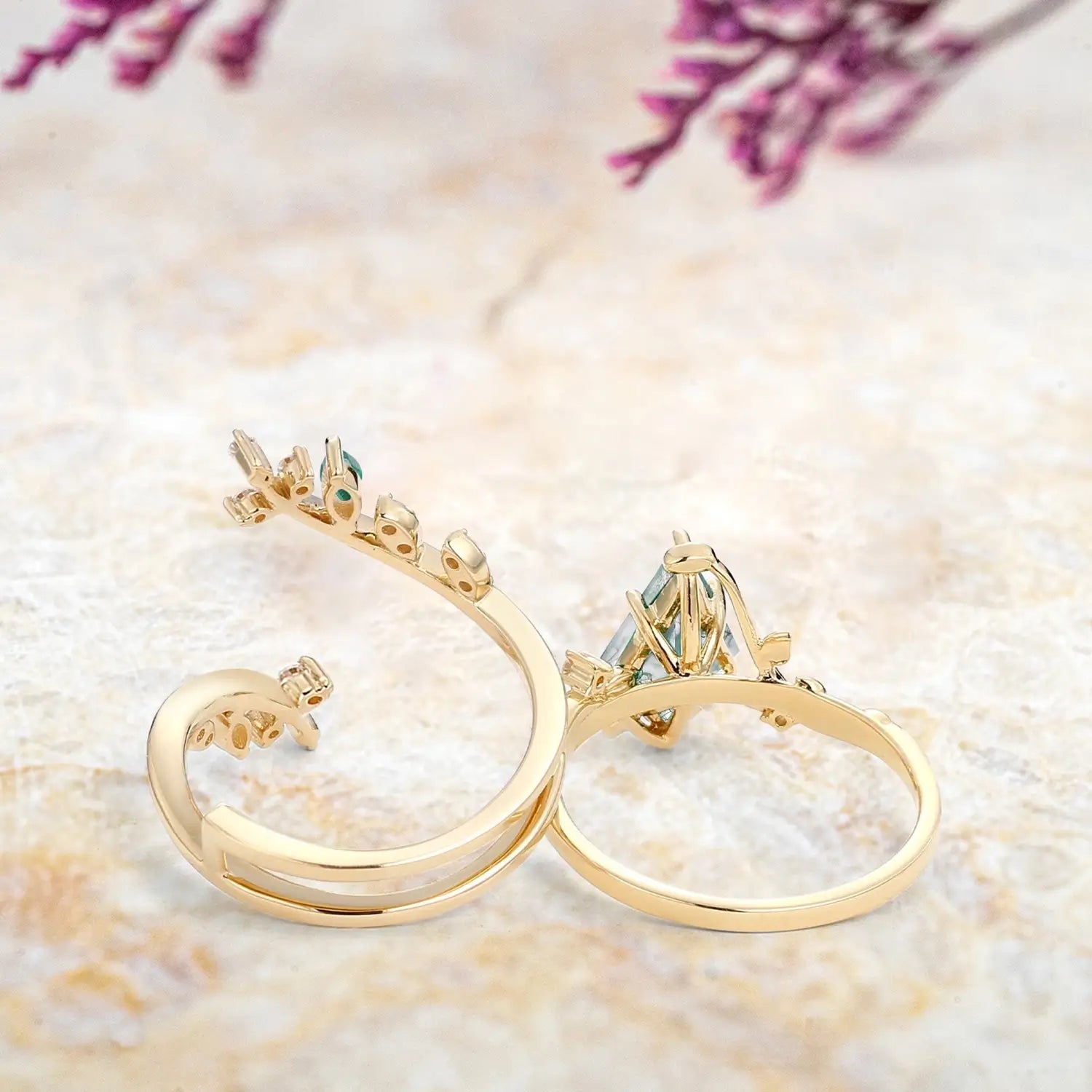 Forest Cage Moss Agate Leafy Ring Set – Unique Luxury Art Engagement Rings