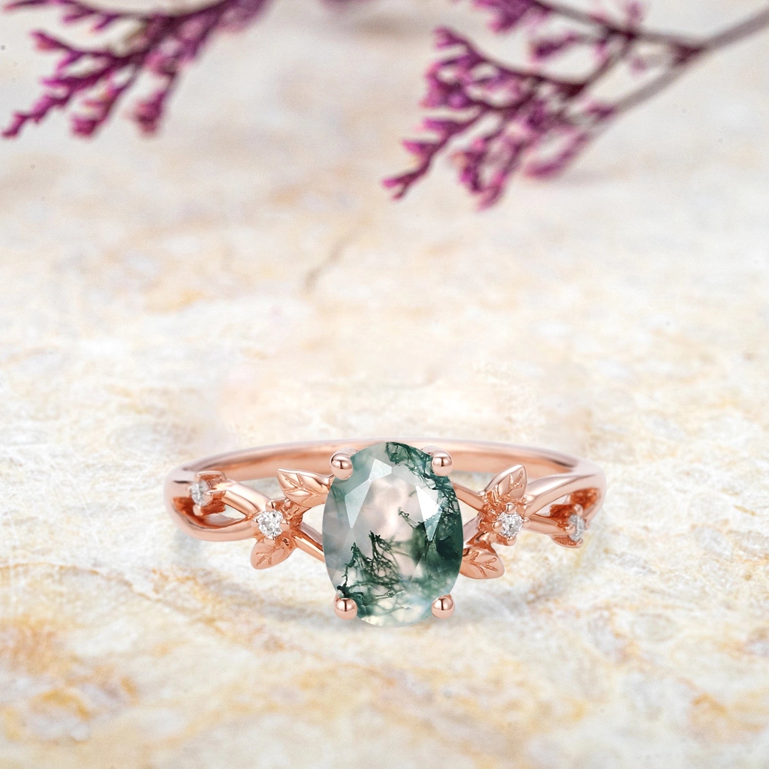 Dewleaf Whisper Oval Moss Agate Leaf Ring – Handmade Promise Ring anniversary gift for women