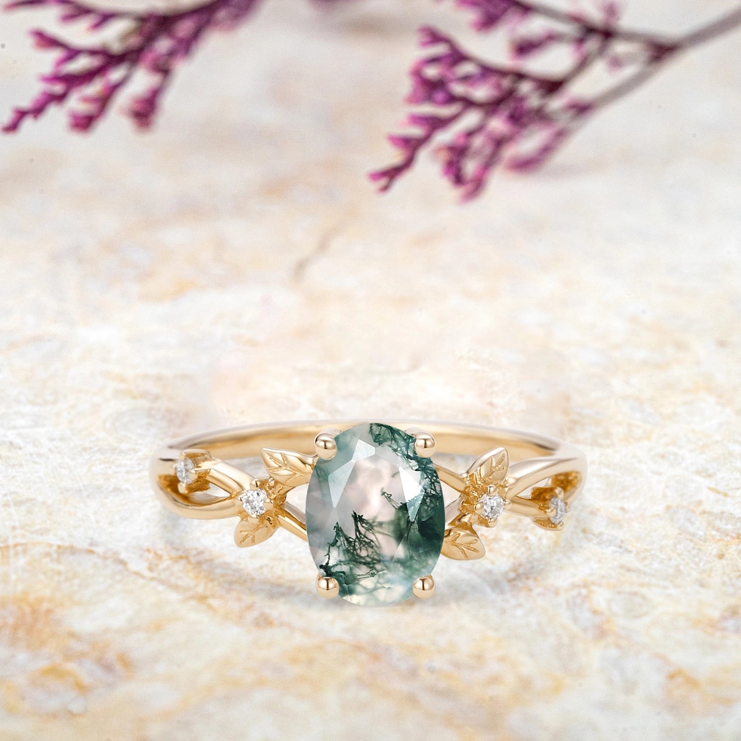 Dewleaf Whisper Oval Moss Agate Leaf Ring – Handmade Promise Ring anniversary gift for women yellow gold
