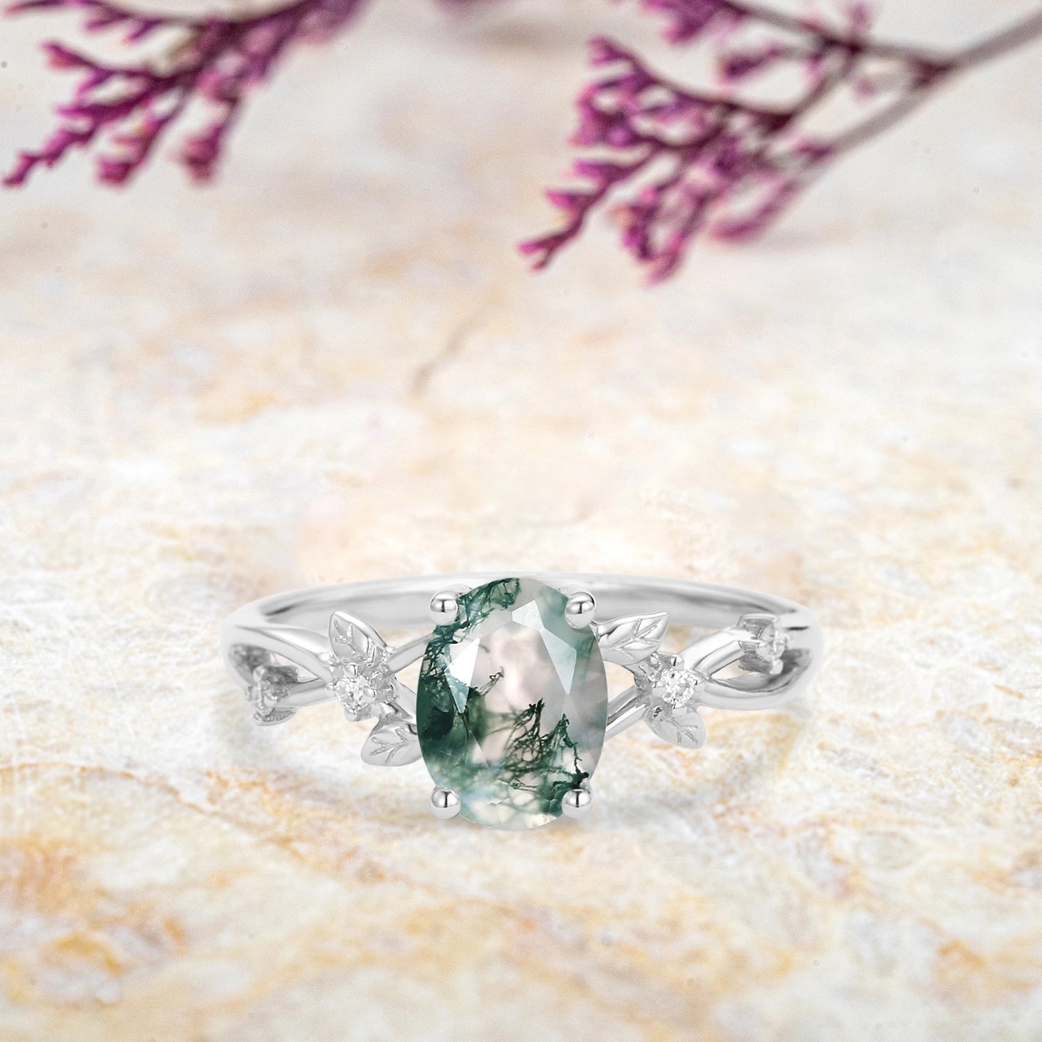 Dewleaf Whisper Oval Moss Agate Leaf Ring – Handmade Promise Ring anniversary gift for women white gold