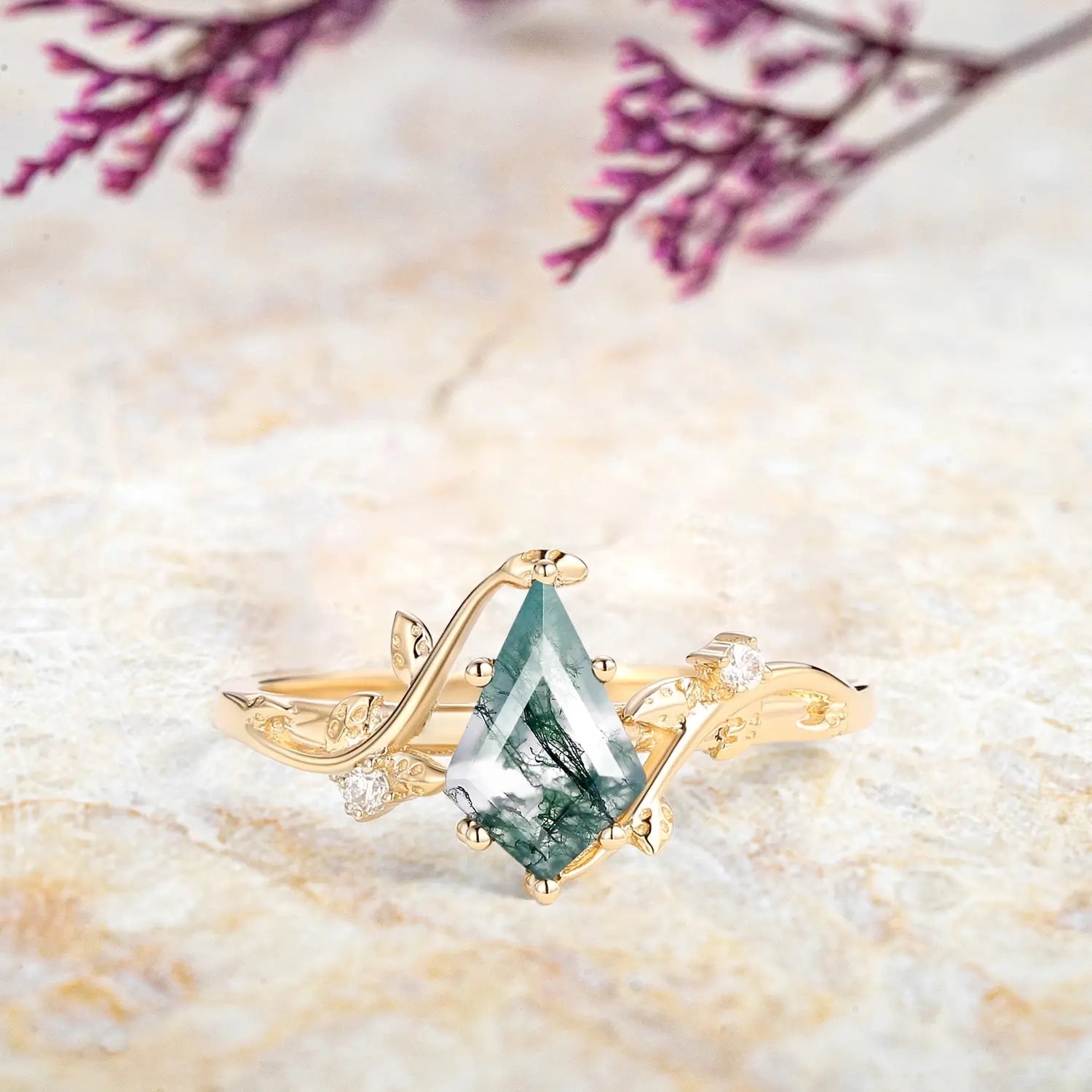 custom moss agate ring, nature-inspired, leaf ring, kite cut moss agate, handmade promise ring yellow gold