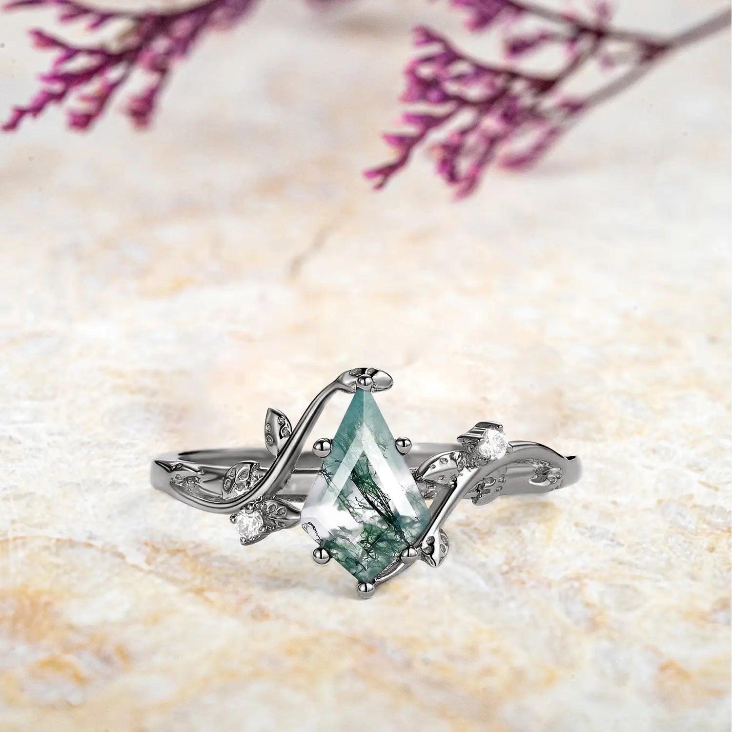 custom moss agate ring, nature-inspired, leaf ring, kite cut moss agate, handmade promise ring black gold