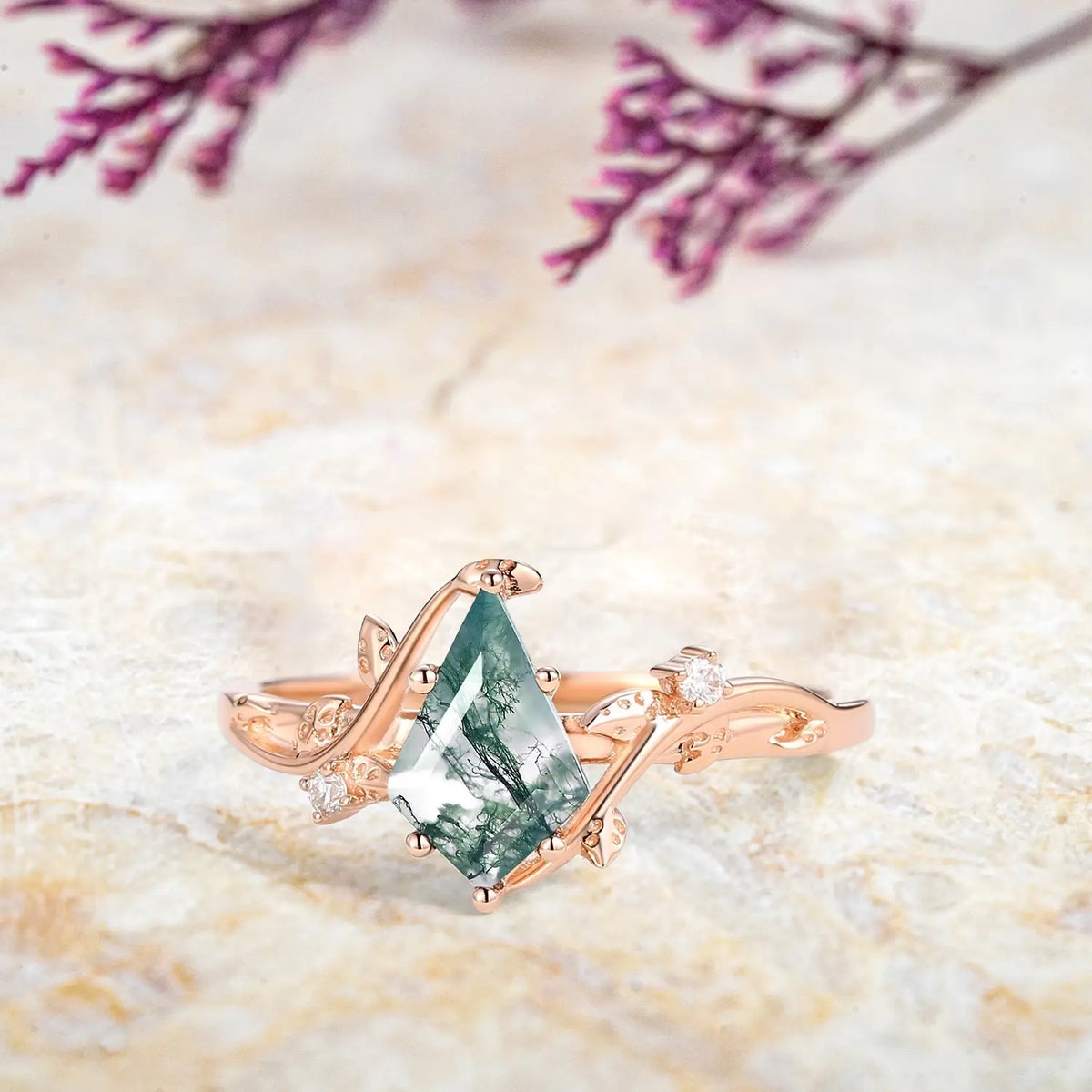 rose gold Nature-Inspired Moss Agate Engagement Promise Ring kite cut gemstone womens promise rings