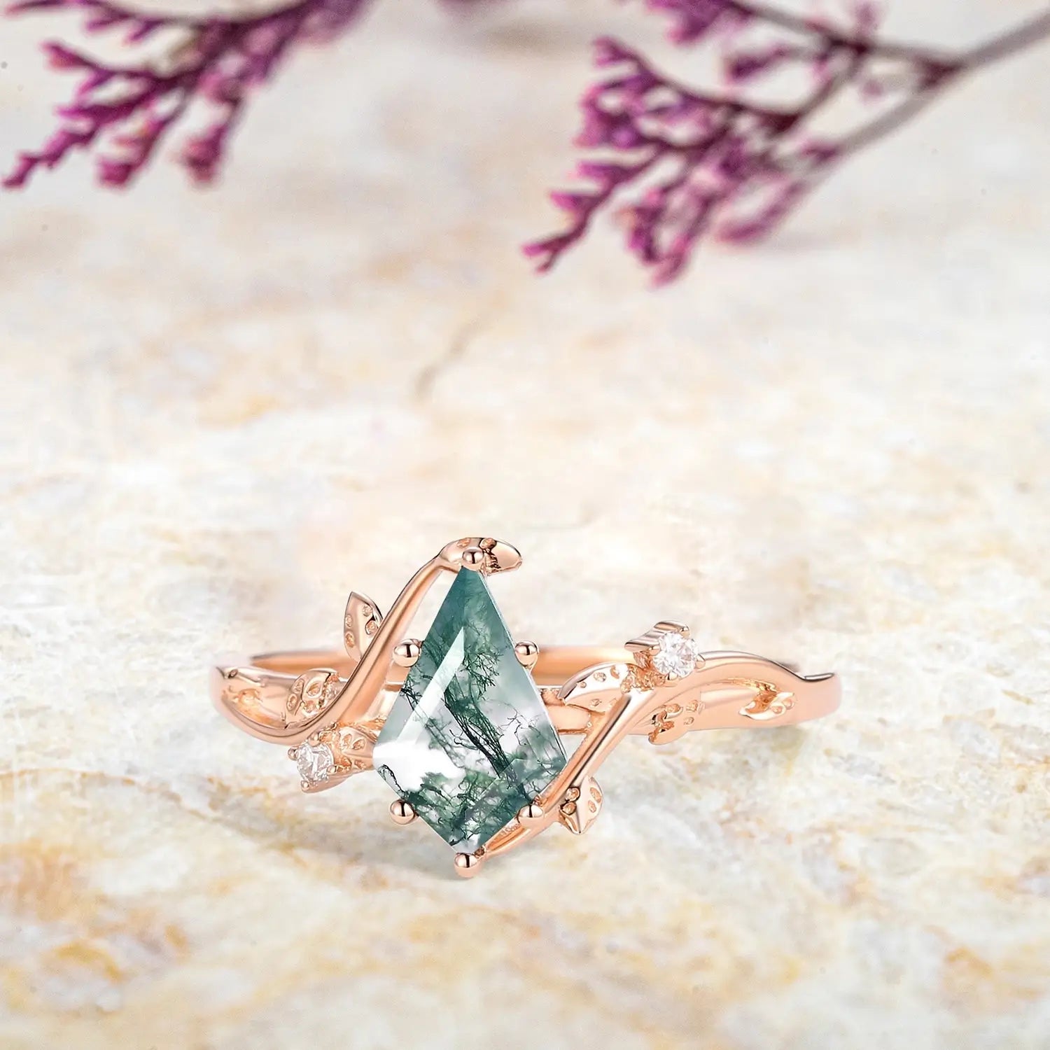 rose gold Nature-Inspired Moss Agate Engagement Promise Ring kite cut gemstone womens promise rings