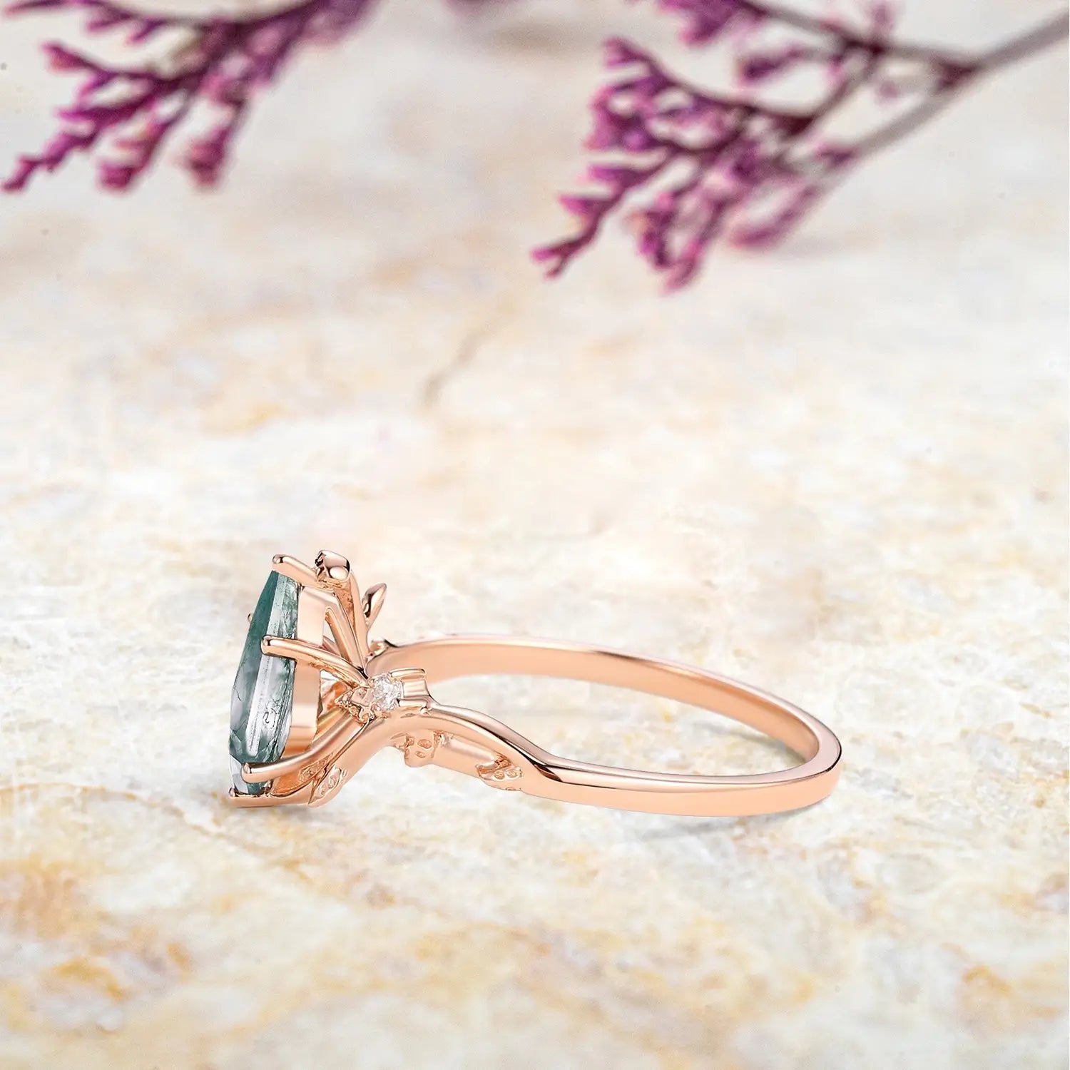 Nature-Inspired Moss Agate Engagement Promise Ring kite cut gemstone womens promise rings