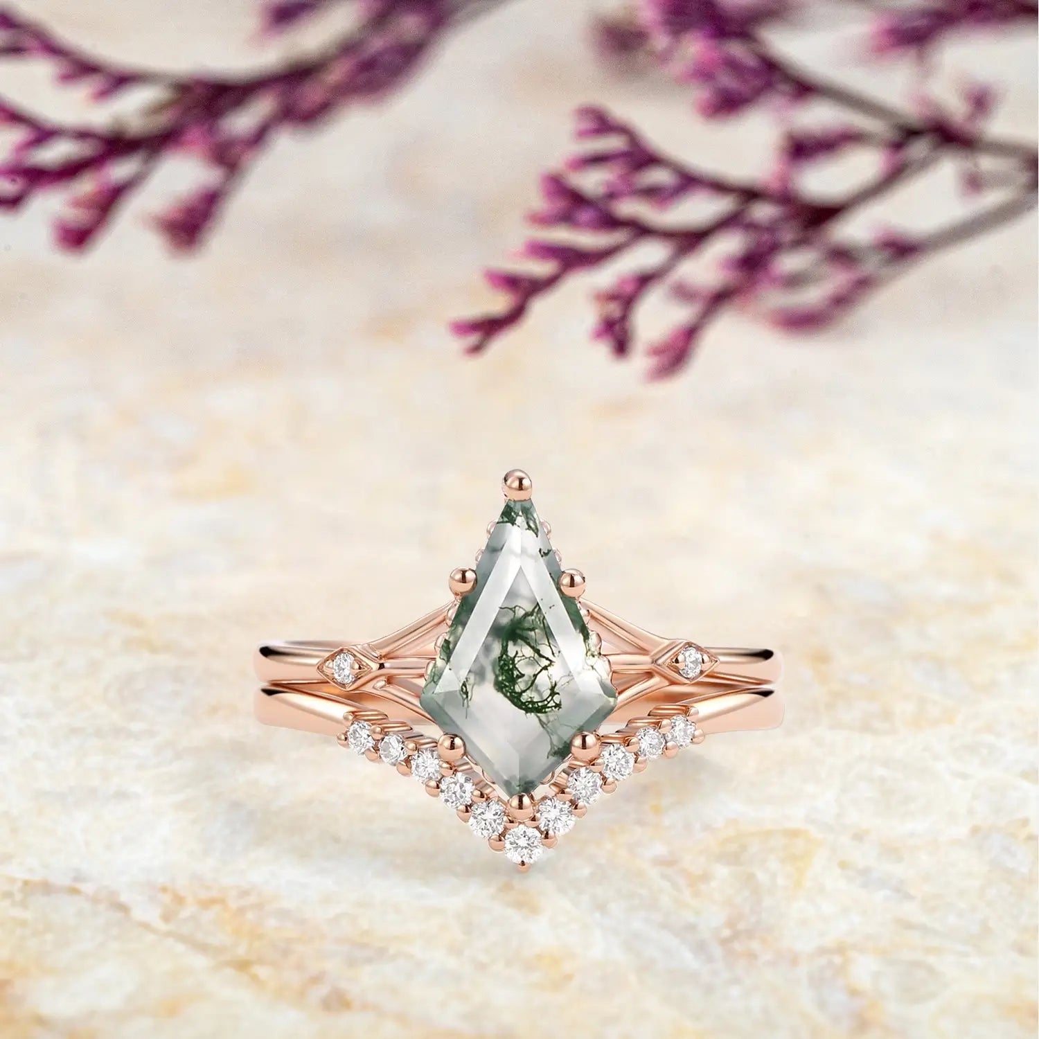 Unique Moss Agate Engagement Ring Set for Her kite cut agate gemstone promise rings