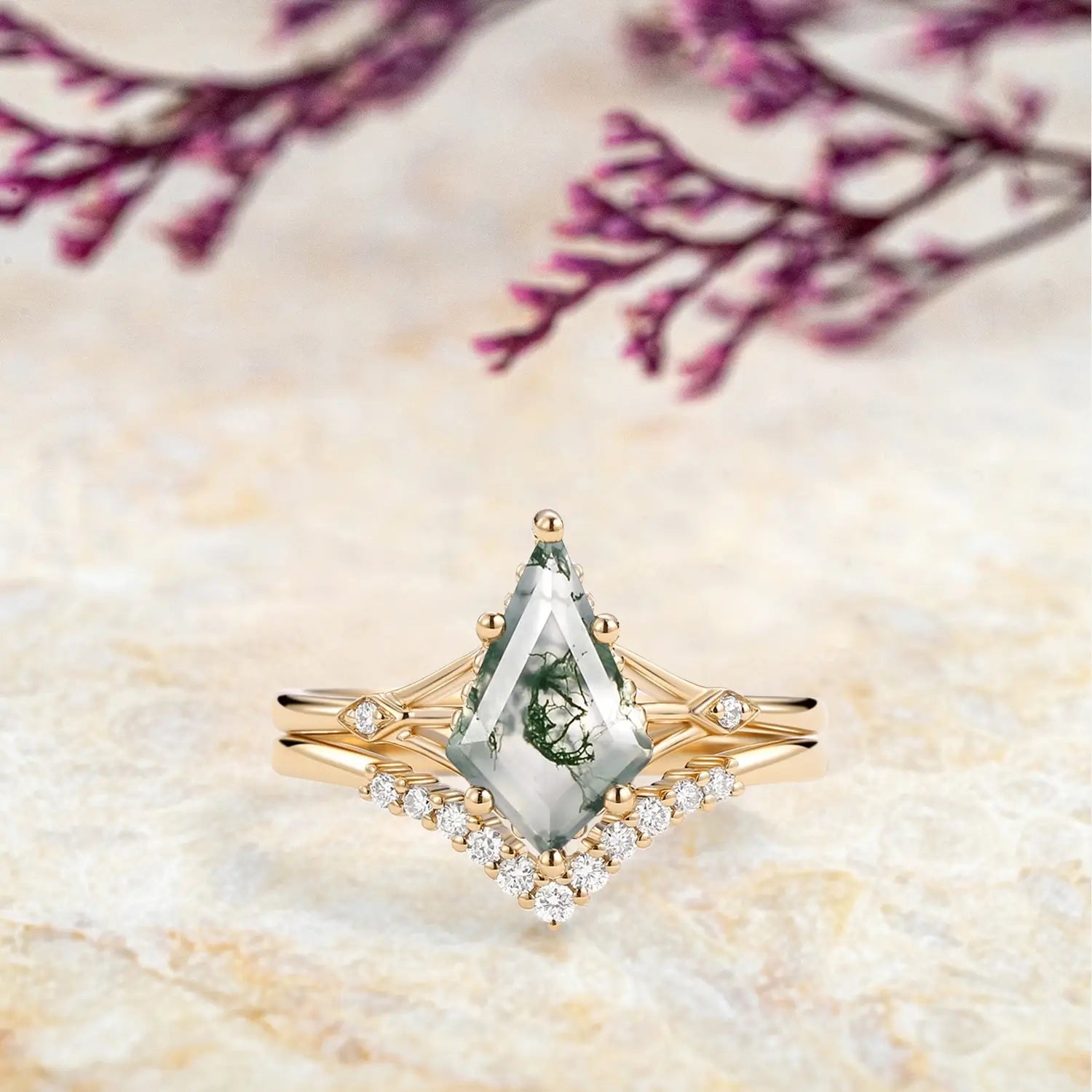 Unique Moss Agate Engagement Ring Set for Her kite cut agate gemstone promise rings - yellow gold