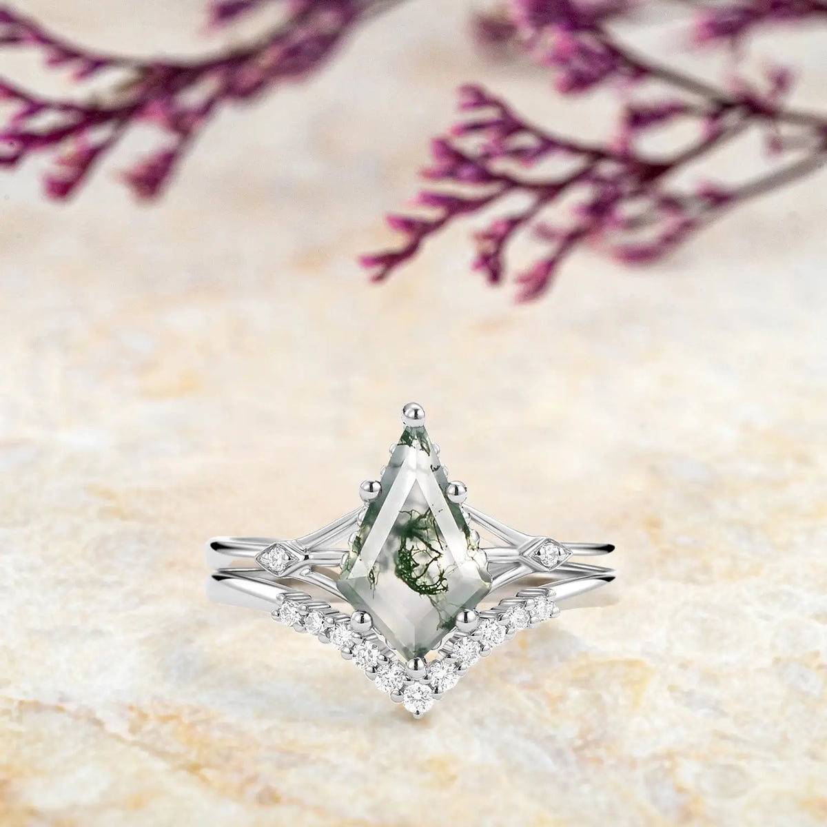 Unique Moss Agate Engagement Ring Set for Her kite cut agate gemstone promise rings - white gold