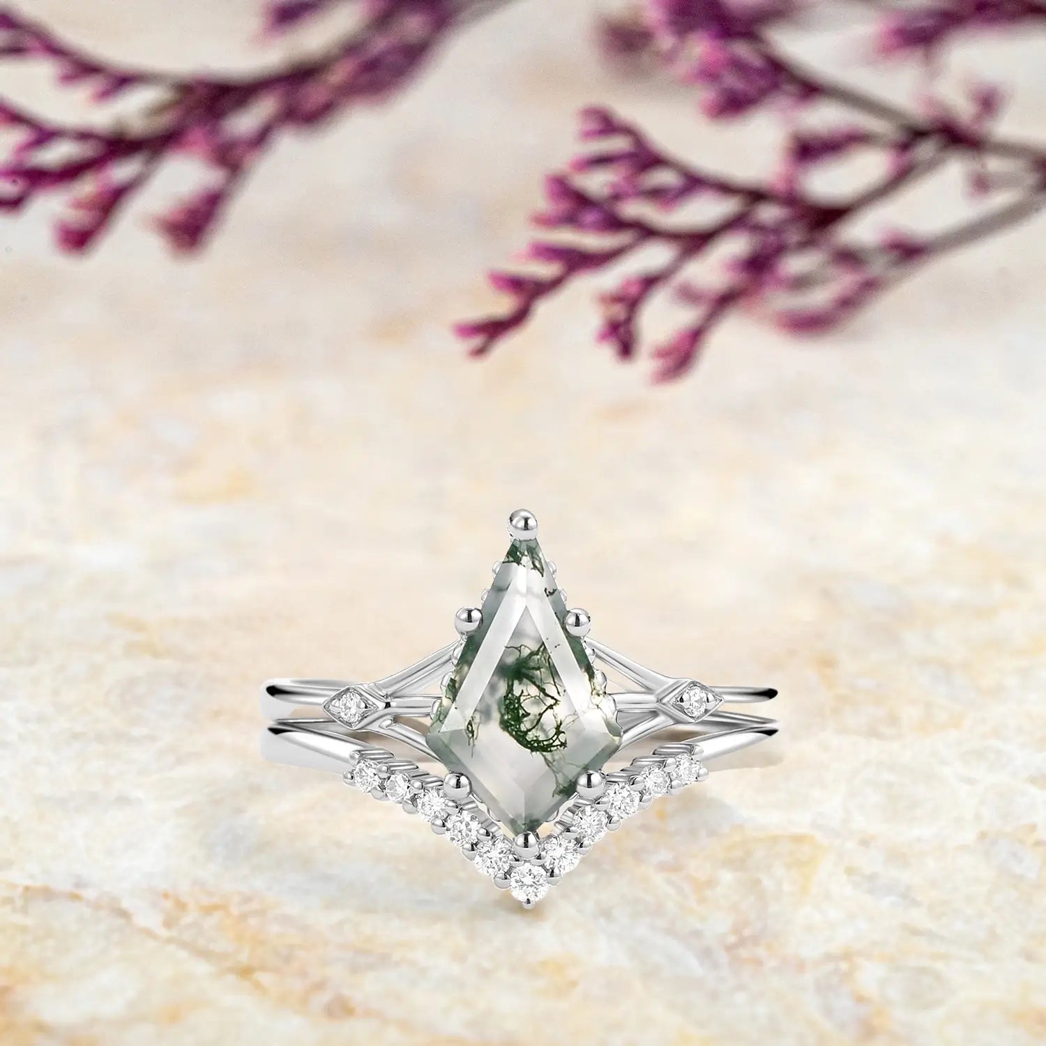 Unique Moss Agate Engagement Ring Set for Her kite cut agate gemstone promise rings - white gold