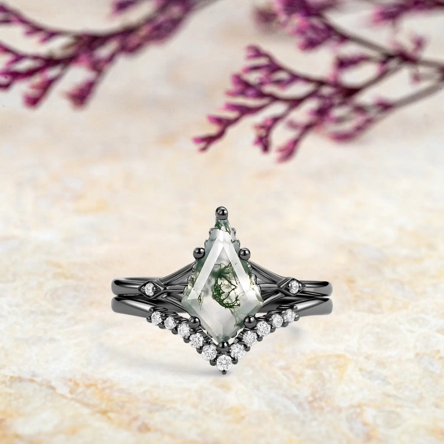 Unique Moss Agate Engagement Ring Set for Her kite cut agate gemstone promise rings - black gold