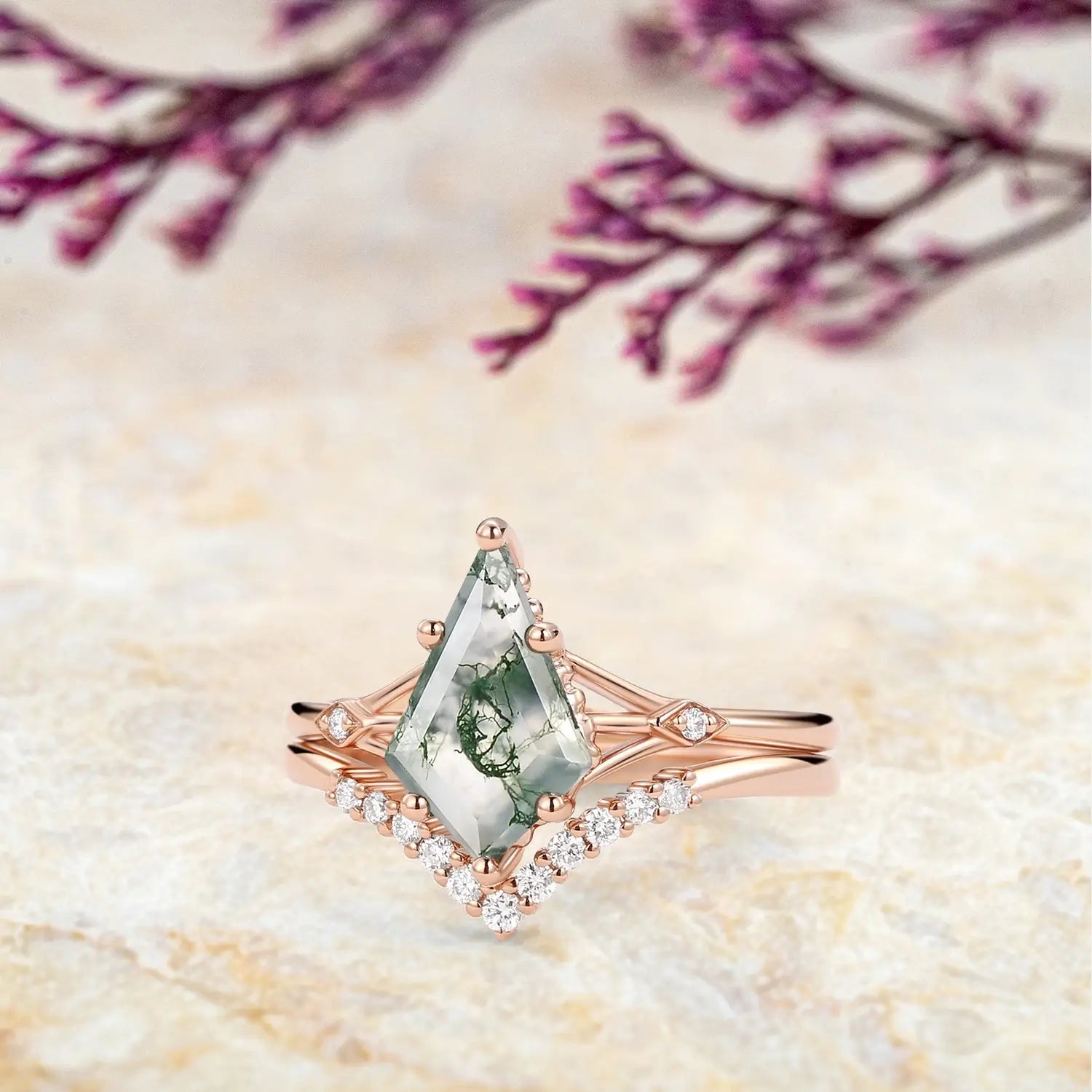 Unique Moss Agate Engagement Ring Set for Her kite cut agate gemstone promise rings