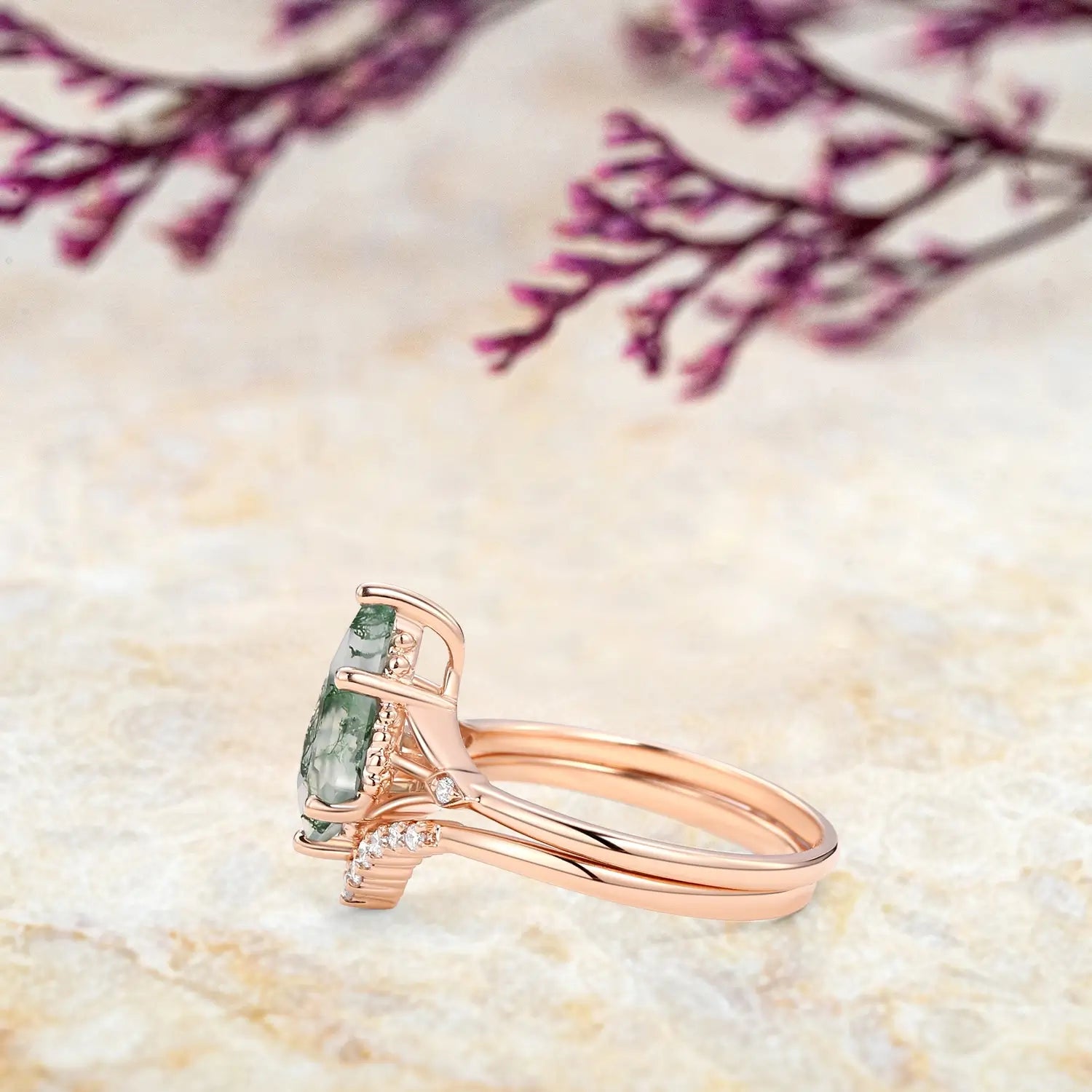 Unique Moss Agate Engagement Ring Set for Her kite cut agate gemstone promise rings