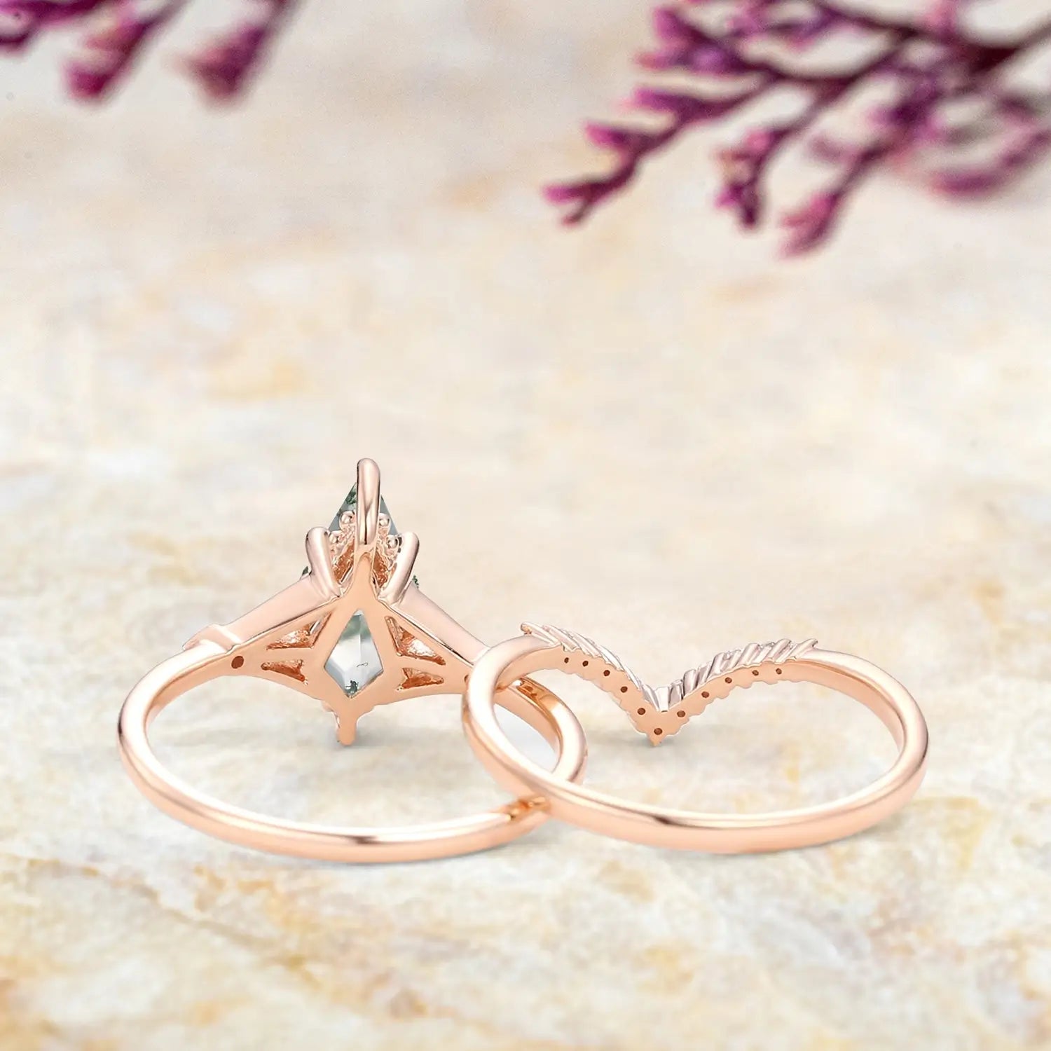 Unique Moss Agate Engagement Ring Set for Her kite cut agate gemstone promise rings