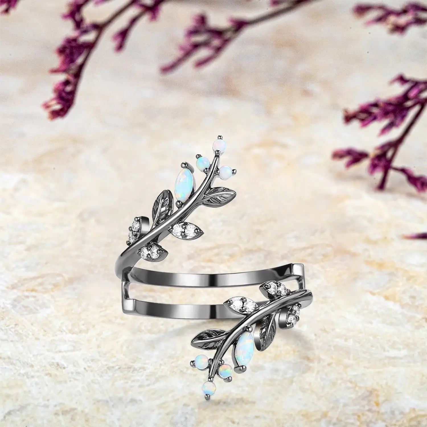 Opal & Moissanite Leaf Matching Wedding Band in Black Gold