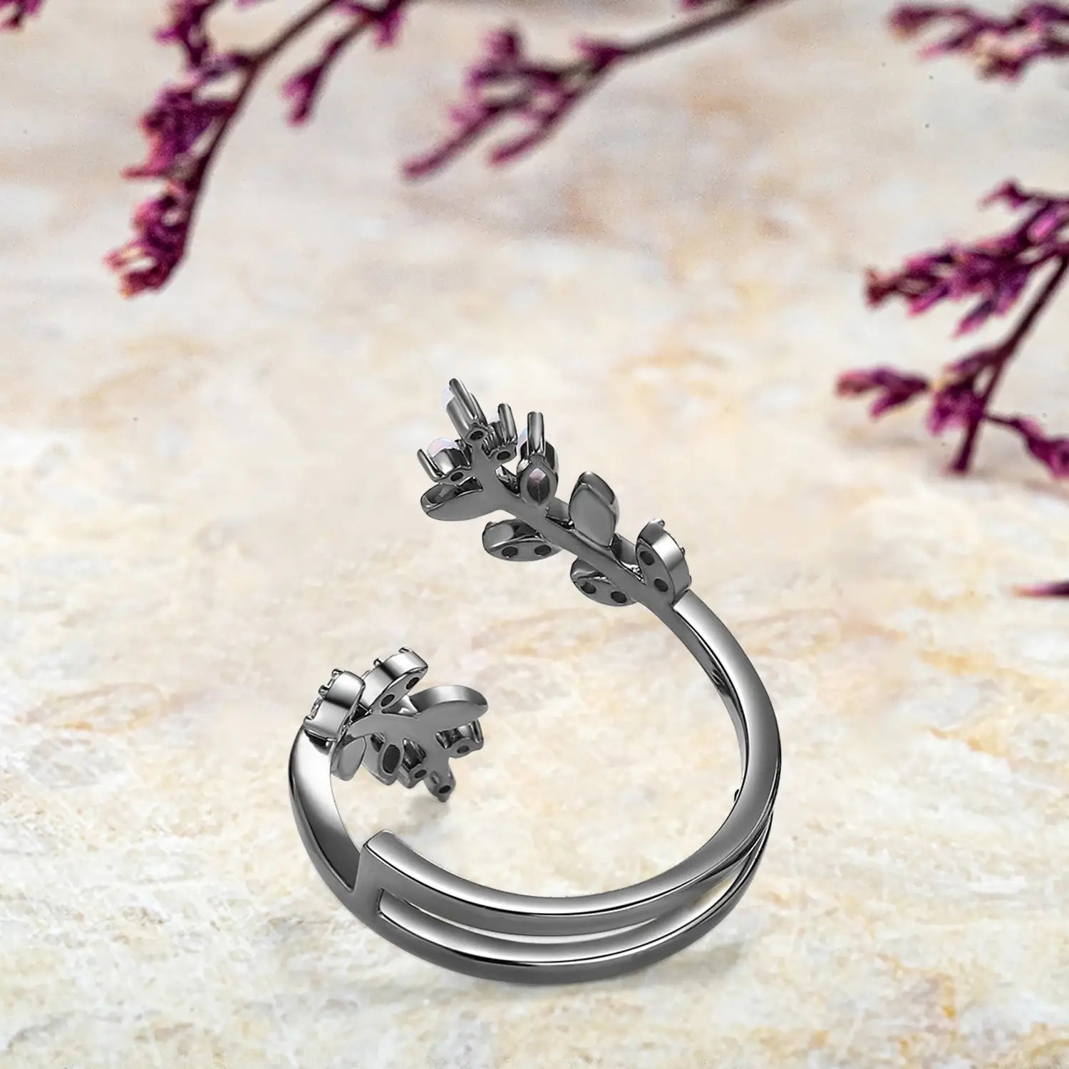 Opal & Moissanite Leaf Matching Wedding Band in Black Gold
